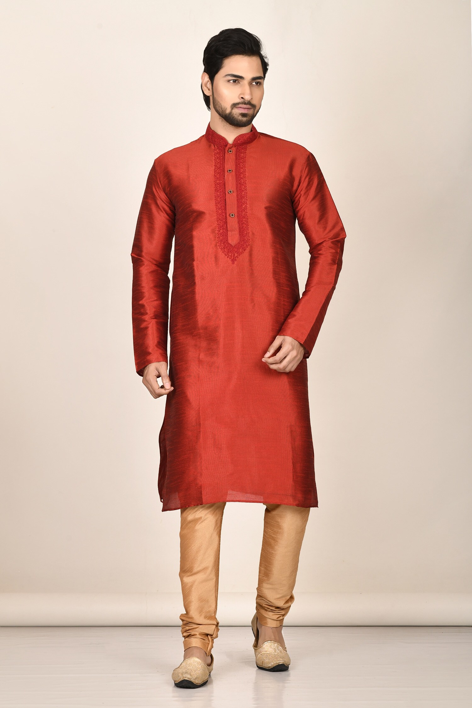 Buy Red Plain Full Sleeve Kurta Set For Men by Samyukta Singhania