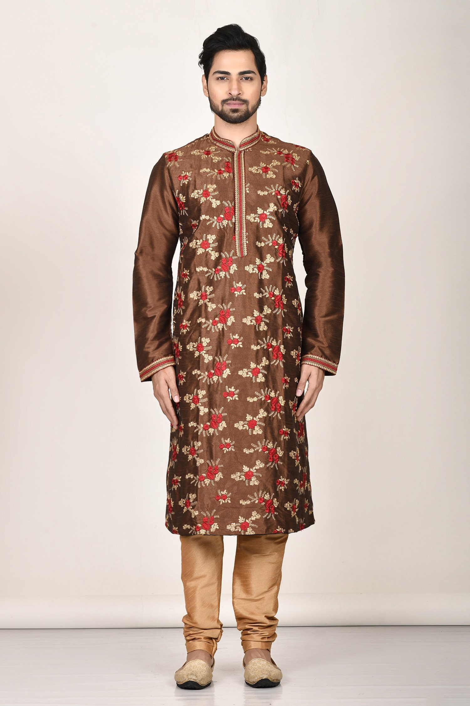 Buy Samyukta Singhania- Men Brown Dupion Silk Floral Embroidered Kurta ...