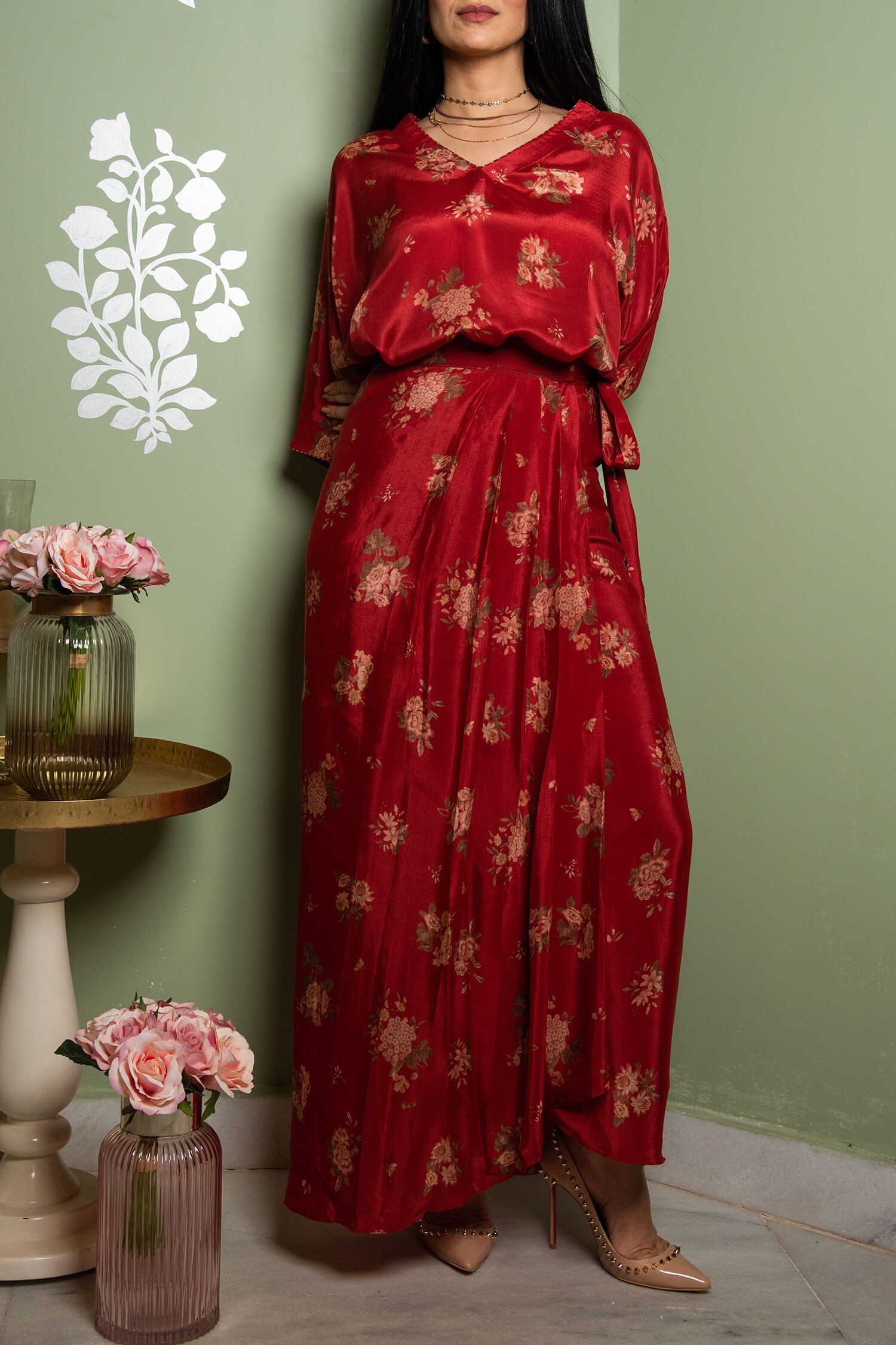 Paulmi and Harsh Maroon Viscose Crepe Floral Print Skirt Set