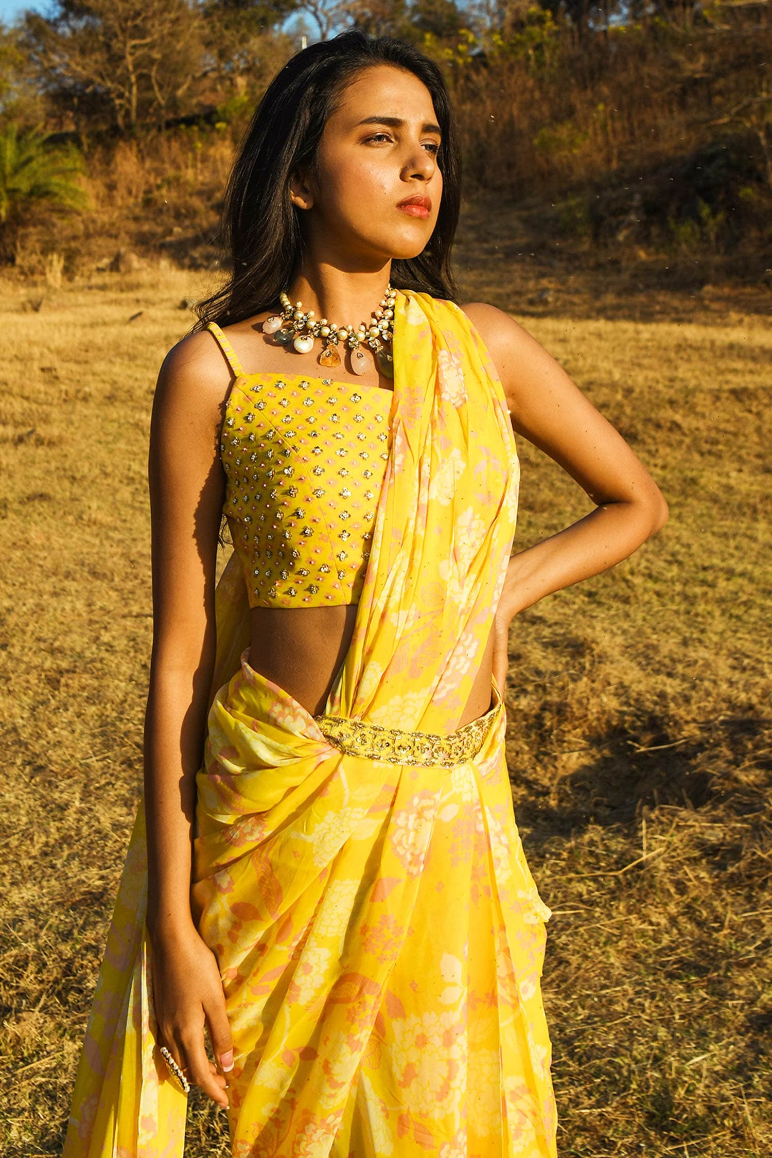 Paulmi and Harsh - Yellow Crepe Sweetheart Neck Printed Pre-draped Saree  Set For Women