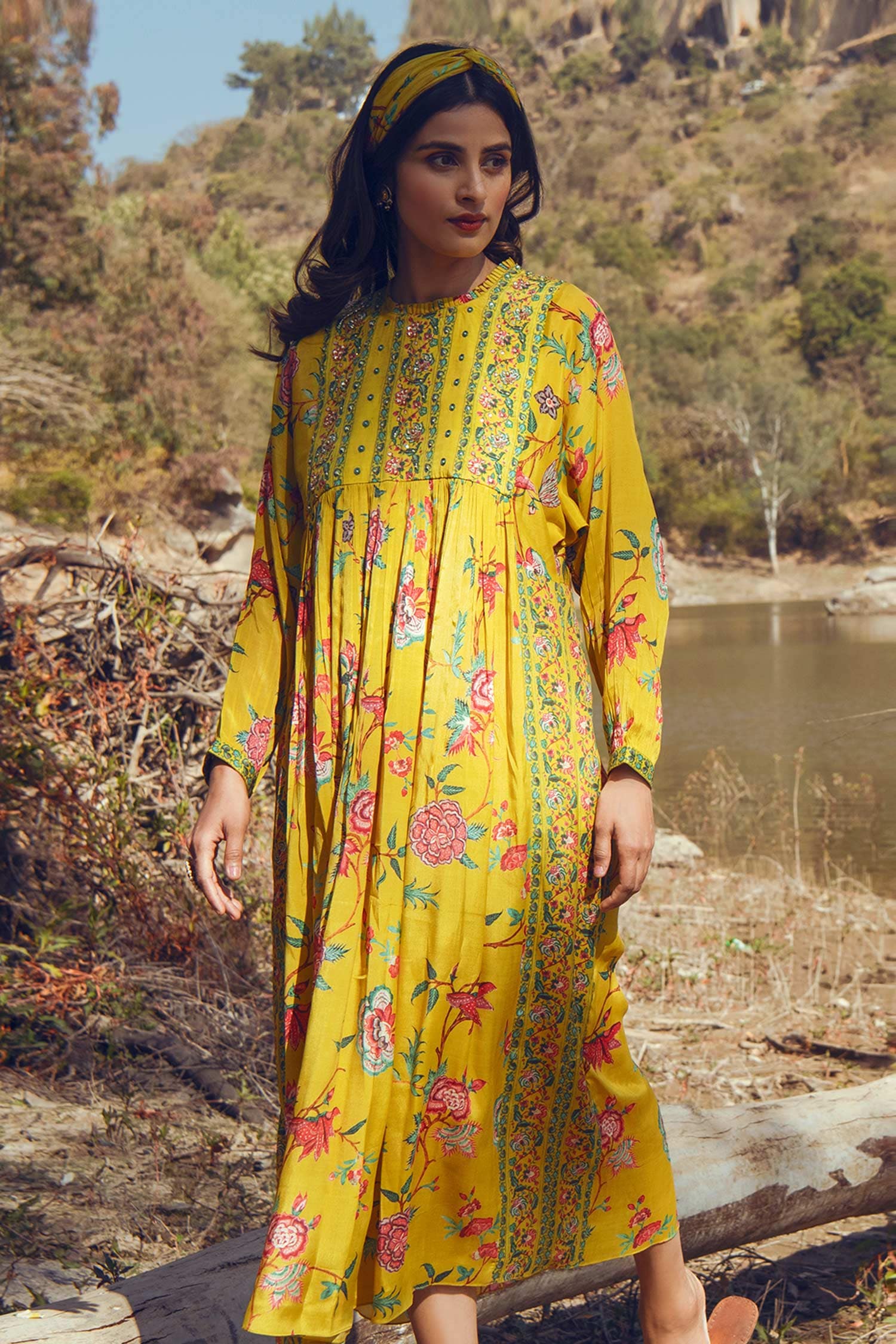 Buy Yellow Crepe Embroidery Round Printed Dress For Women by Paulmi and ...