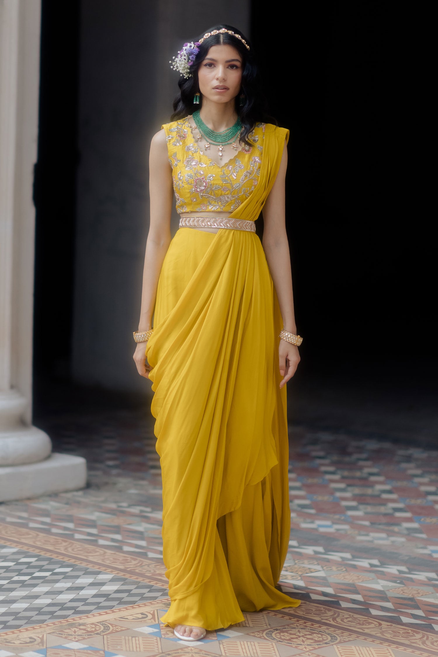 Paulmi and Harsh Yellow Saree: Crepe; Blouse: Cotton Silk Embroidery Pre-stitched With For Women