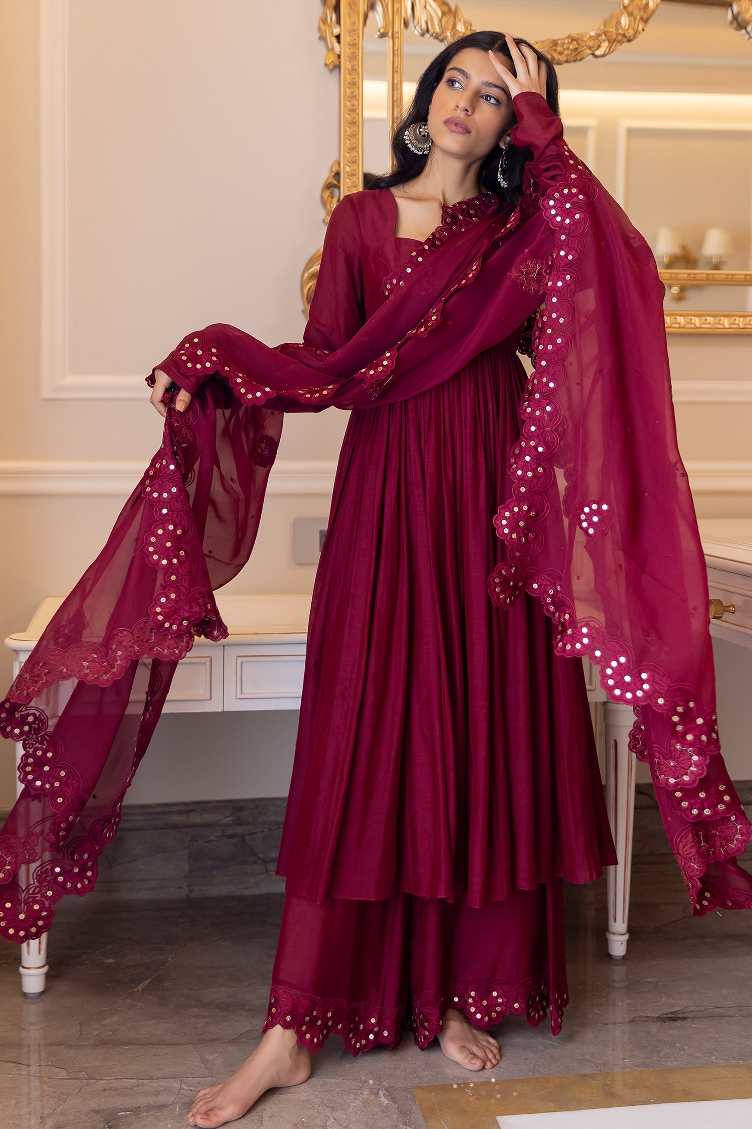 Paulmi and Harsh Maroon Anarkali And Palazzo: Cotton Silk Embroidery Gathered Sleeve Set For Women