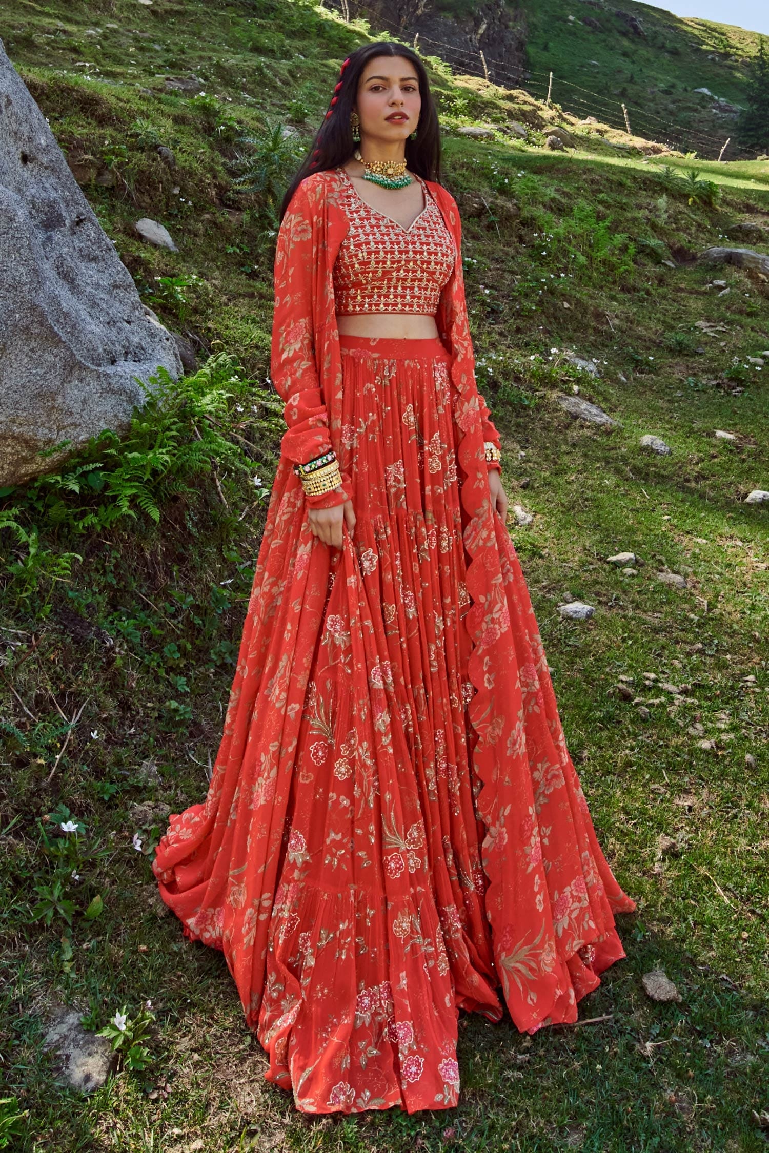 Buy Red Georgette And Crepe Print & Embroidery Floral Jacket Lehenga 