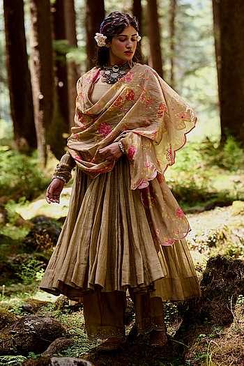 Women's Lakhnavi Handcrafted Mul Chanderi Semi - Stitched Anarkali And Dupatta Set - HONC0282399