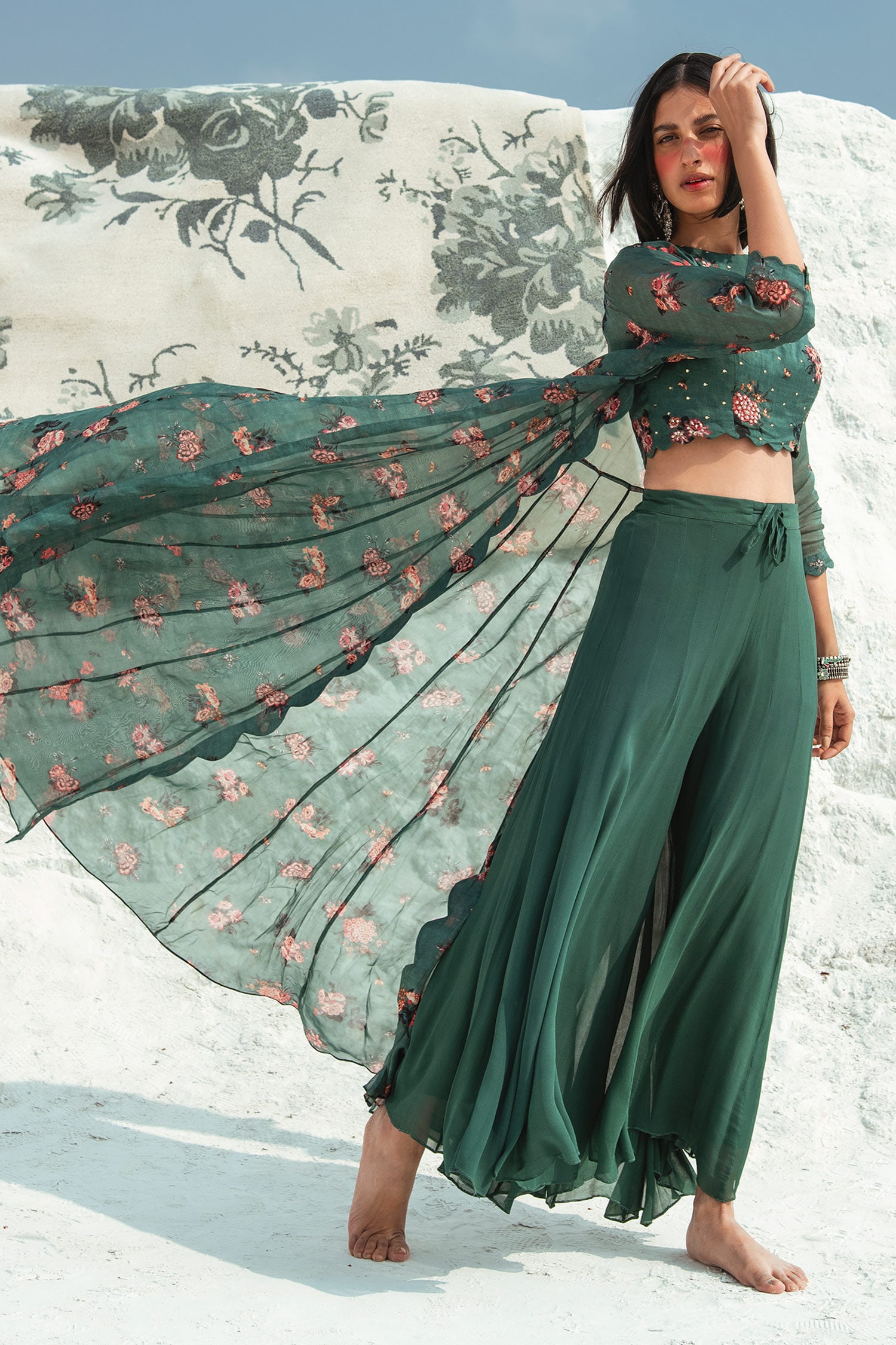 Buy Green Top: Cotton Silk; Palazzo: Georgette; Printed And Pant Set ...