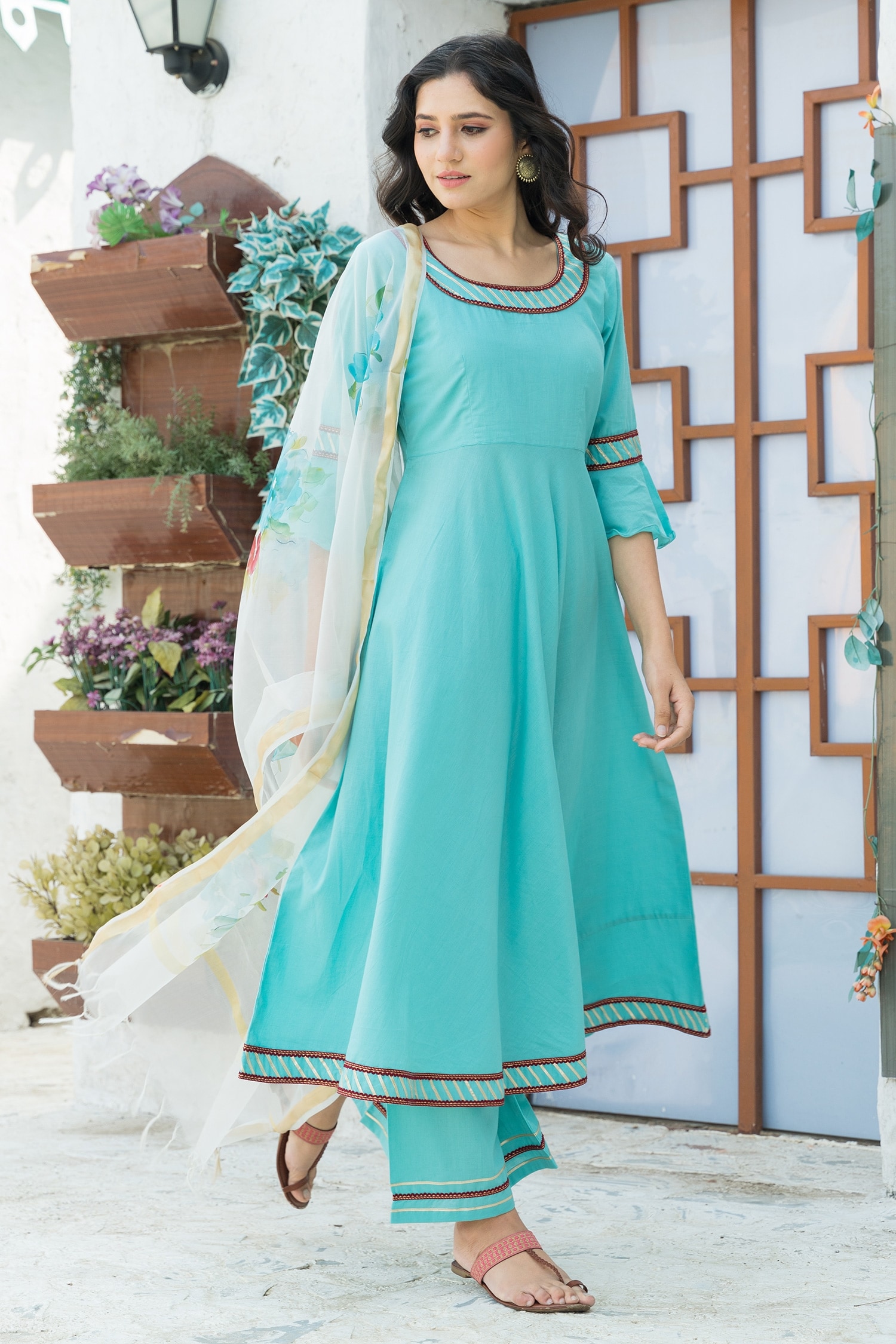 Pheeta Blue Cotton Plain Round Umbrella Sleeve Anarkali Set For Women