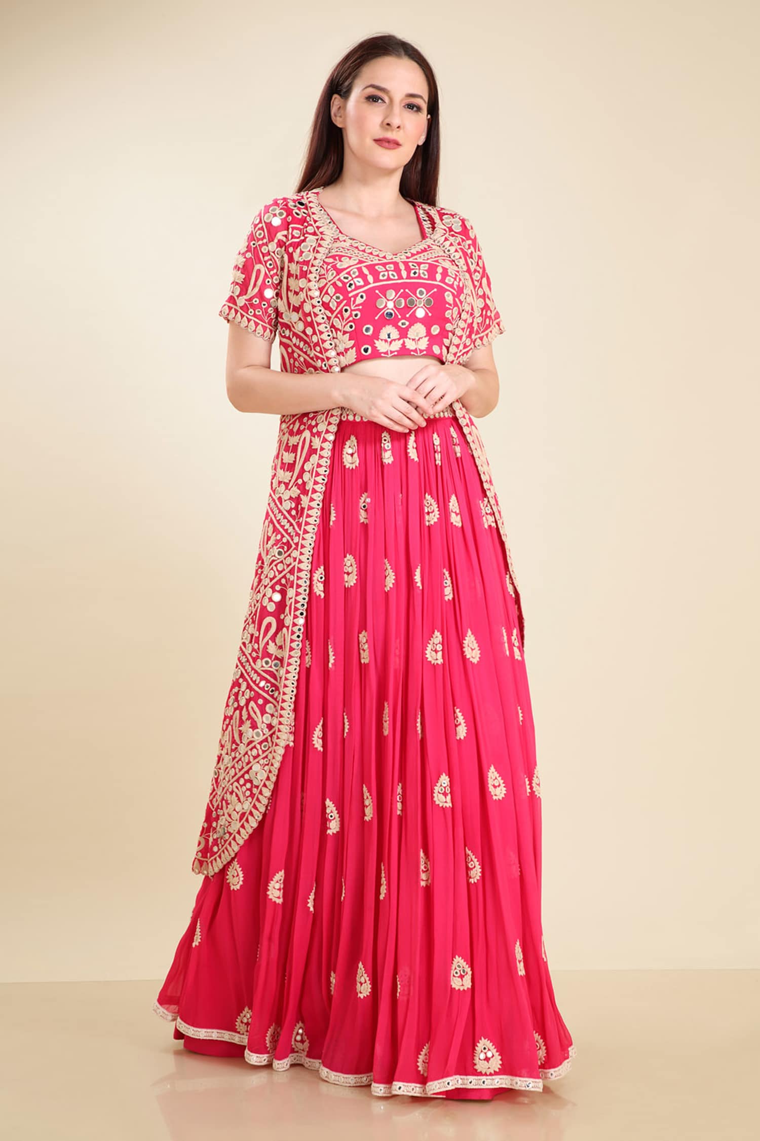 Buy Pink Georgette Embroidery Blouse: V-neck; Cape: Open And Lehenga ...