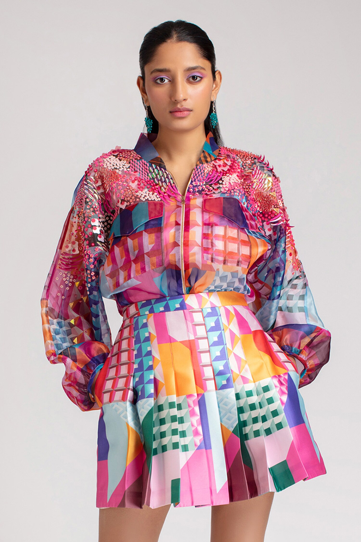 Buy Pankaj And Nidhi Multi Color Organza Printed Jacket And Pleated Skirt