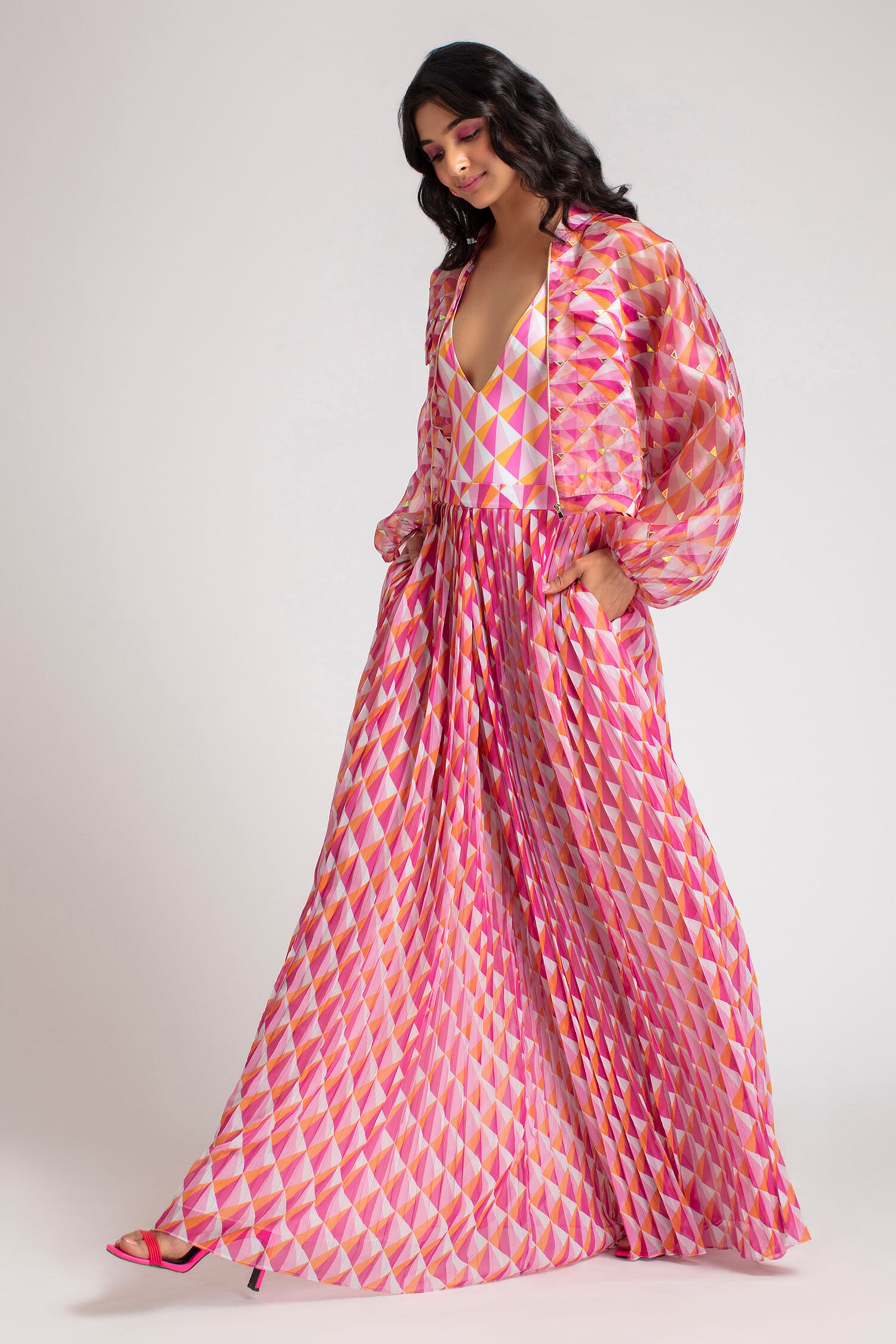 Buy Pink Chiffon Open Printed Jacket And Pleated Pant Set For Women By