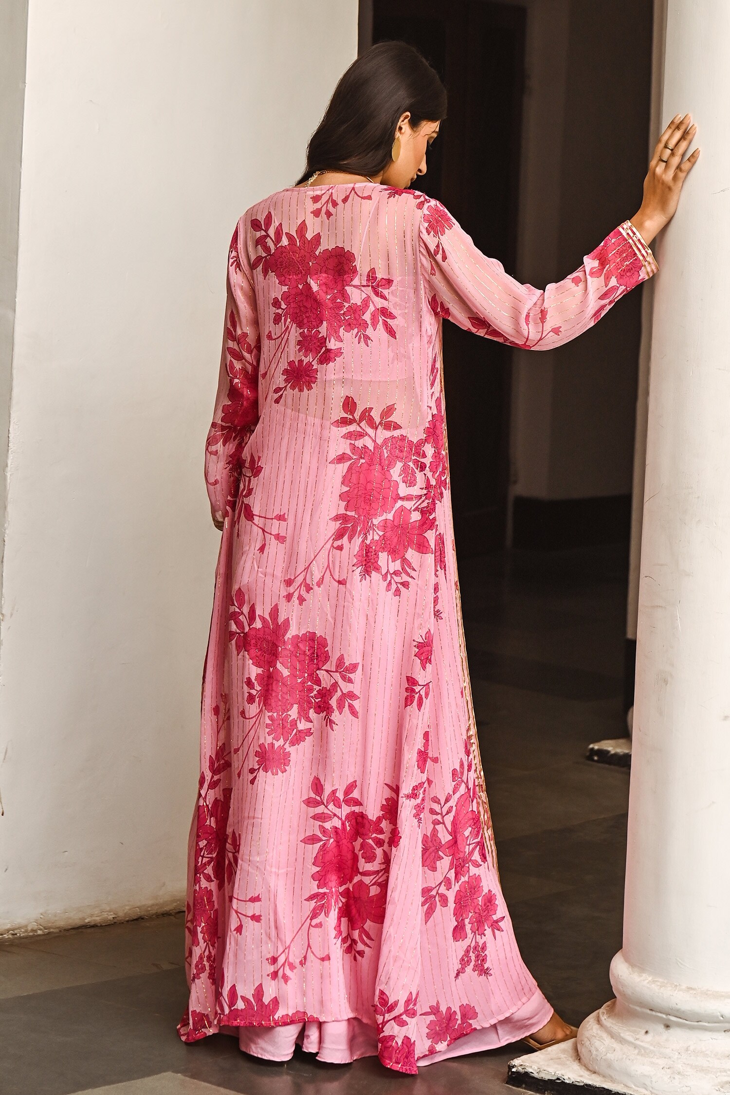 Buy Pink Viscose Georgette Embroidered Gota Patti V Falak Flowy Jumpsuit  For Women by Kefi Collections Online at Aza Fashions.