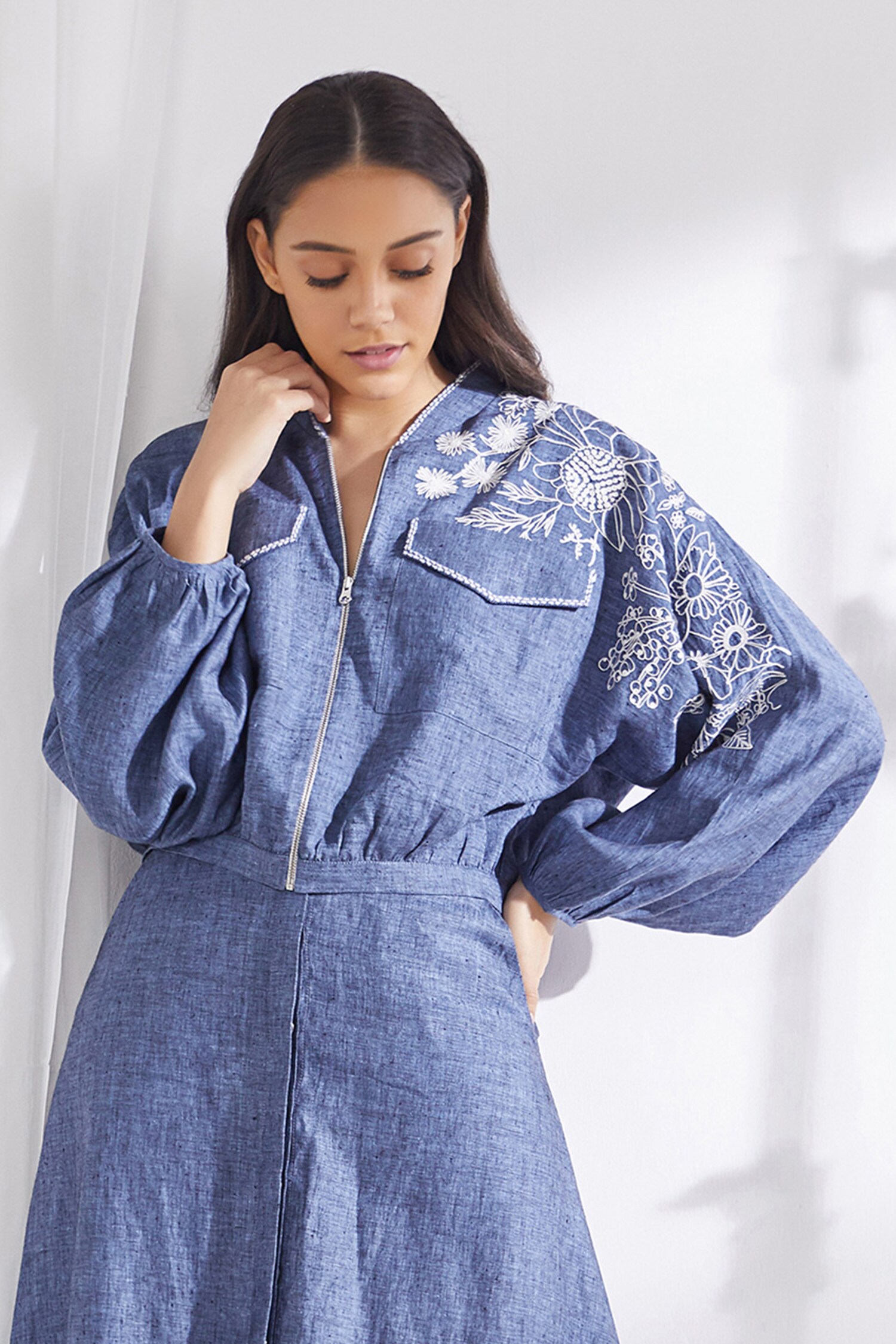 Buy Blue Linen Shawl Collar Embroidered Jacket For Women by Pankaj