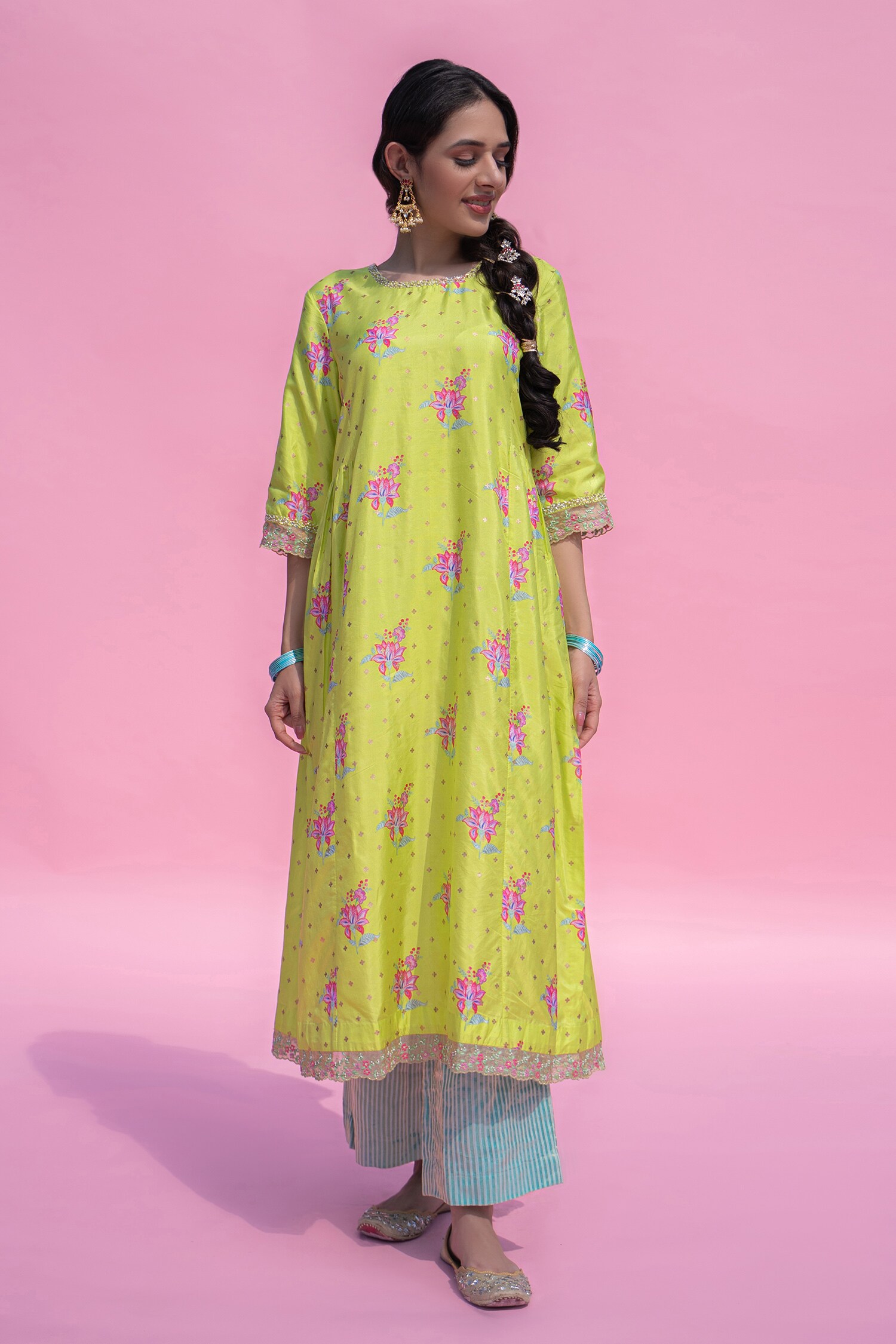 Buy Pita Nila Green Bangalore Silk Printed Kurta And Palazzo Set Online   Aza Fashions
