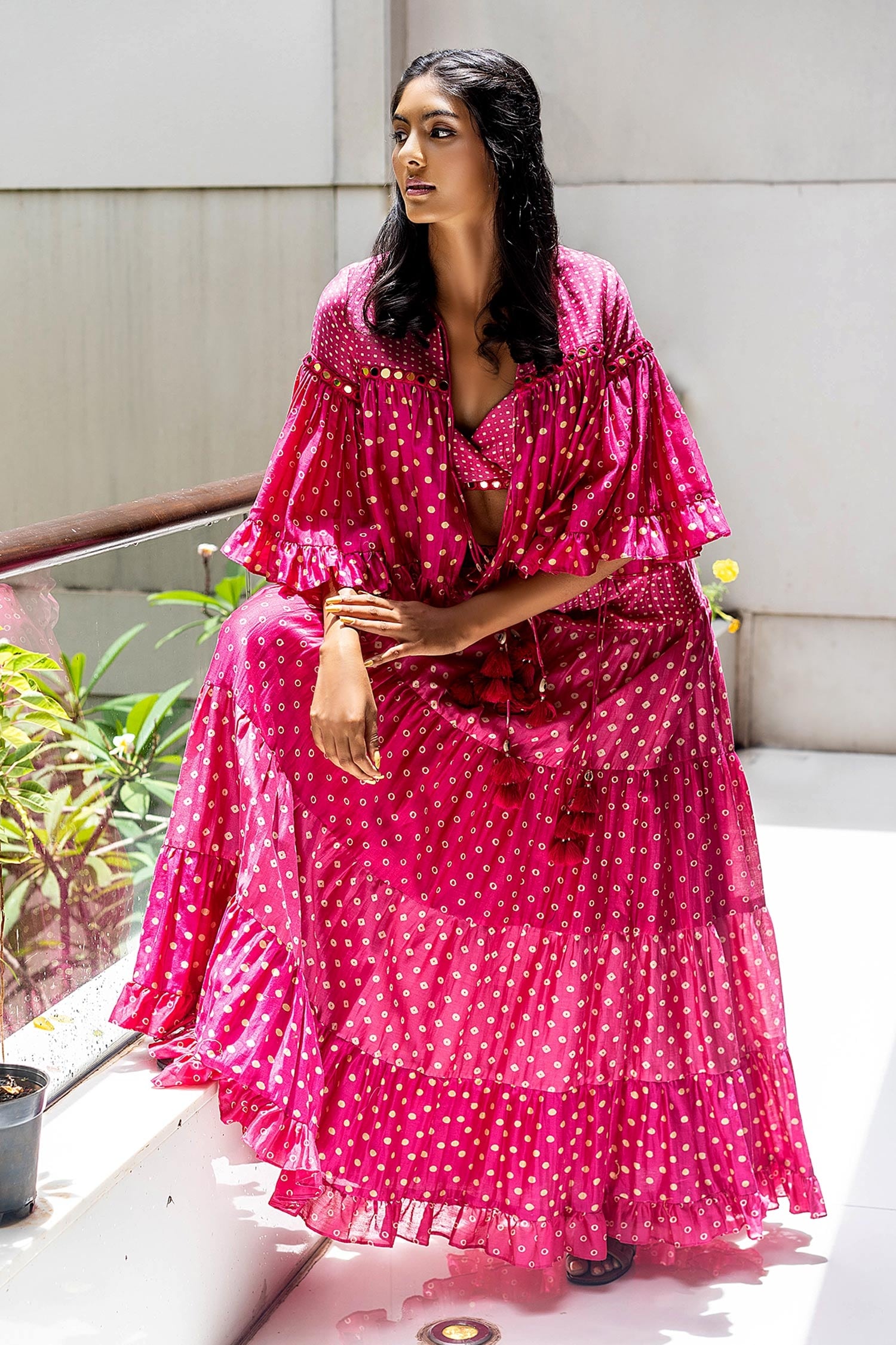 Buy Surily G Pink Chanderi Bandhani Pattern Jacket Online | Aza Fashions