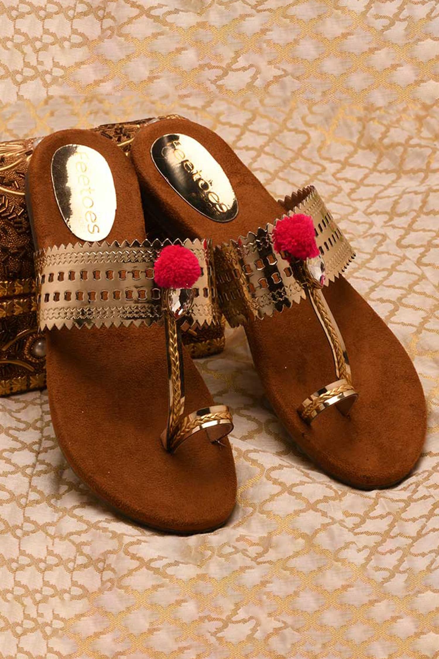 Buy Feetoes Shoes Gold Leather Pom Pom Kolhapuri Sandals Online Aza Fashions