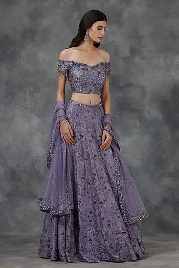 Pink Gold Foil Off Shoulder Peplum Style Lehanga Set with Net Dupatta