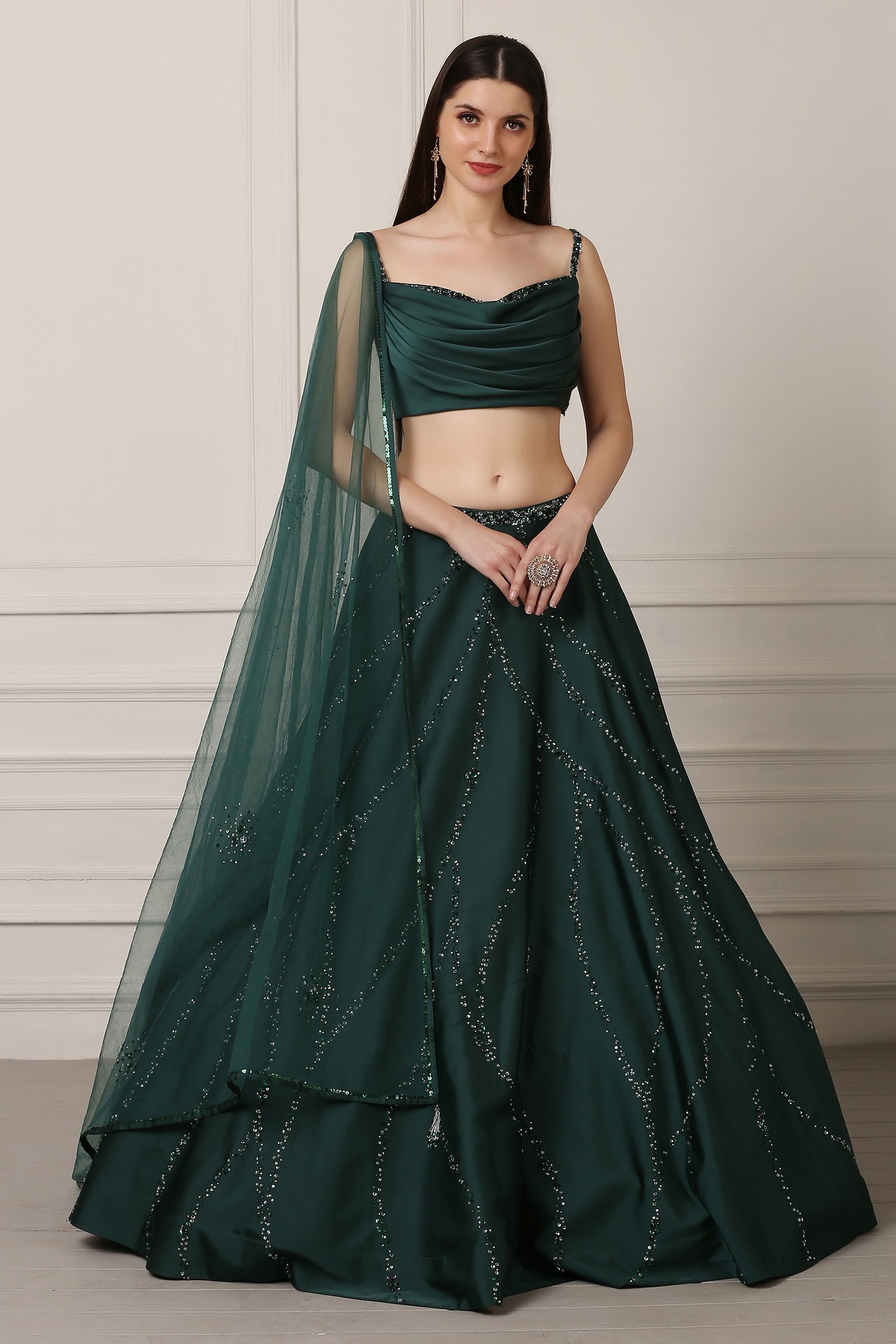 Buy Green Silk Embellished Sequins Sweetheart Neck Draped Lehenga Set For  Women by Pooja Peshoria Online at Aza Fashions.