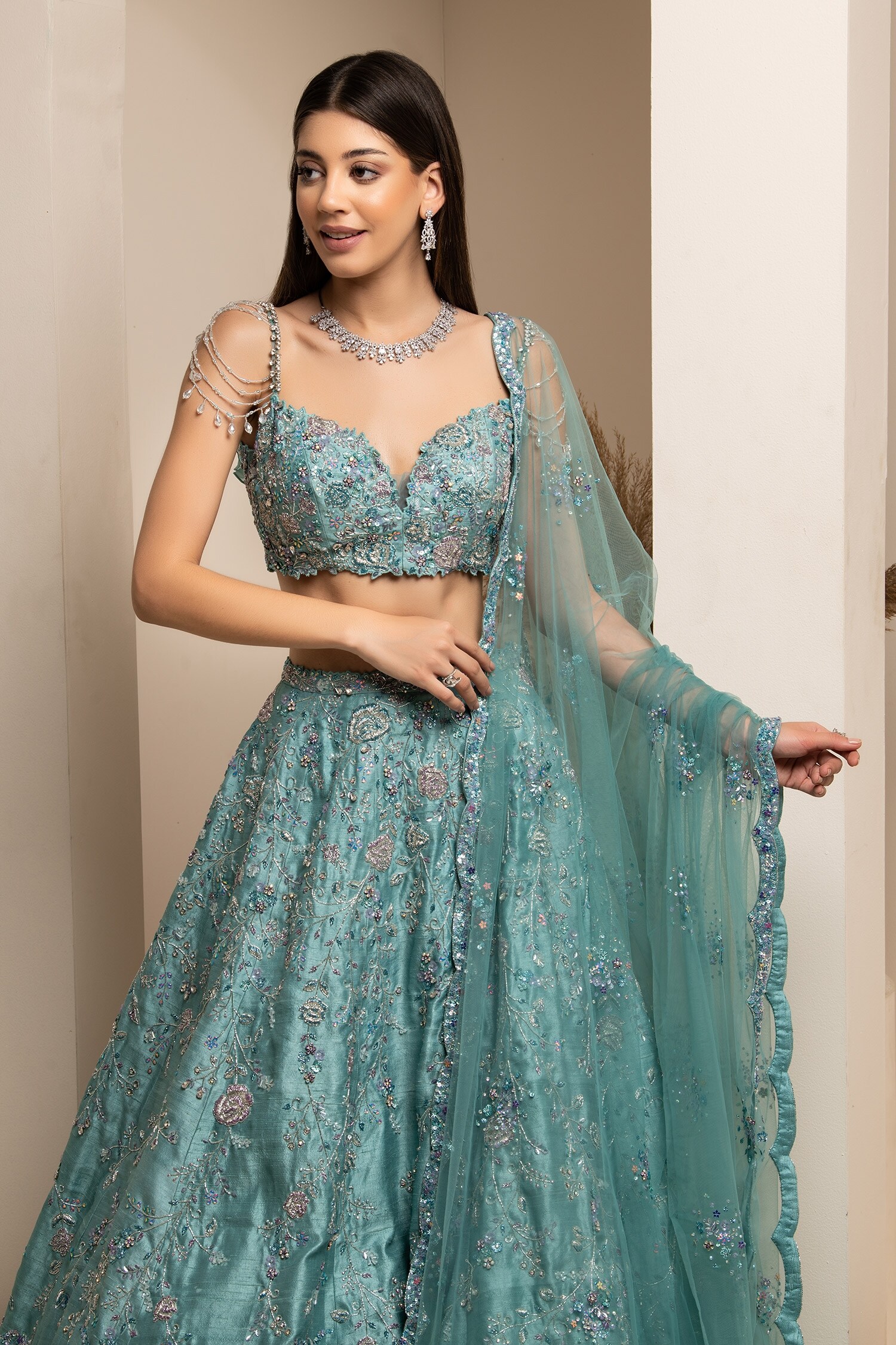 Buy Blue Silk Hand Embroidery Beads Pearl Lehenga With Draped Blouse For  Women by Pooja Peshoria Online at Aza Fashions.
