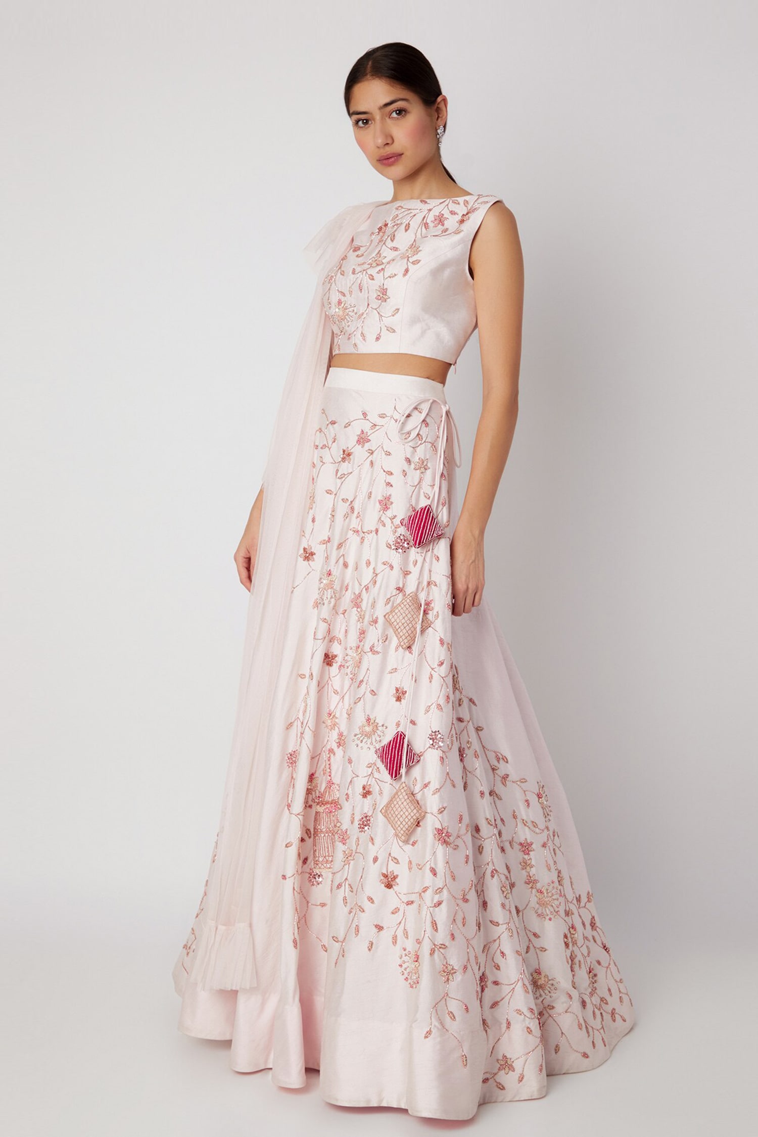 Buy Pink Peacock Couture White Dupion Floral Embroidered Lehenga Set ...