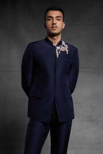 Buy Pink Peacock Couture - Men Blue Silk Bandhgala And Pant Set Online | Aza Fashions