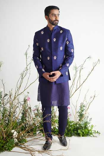 Buy Pink Peacock Couture - Men Blue Habutai Silk Bandhgala And Kurta Set Online | Aza Fashions