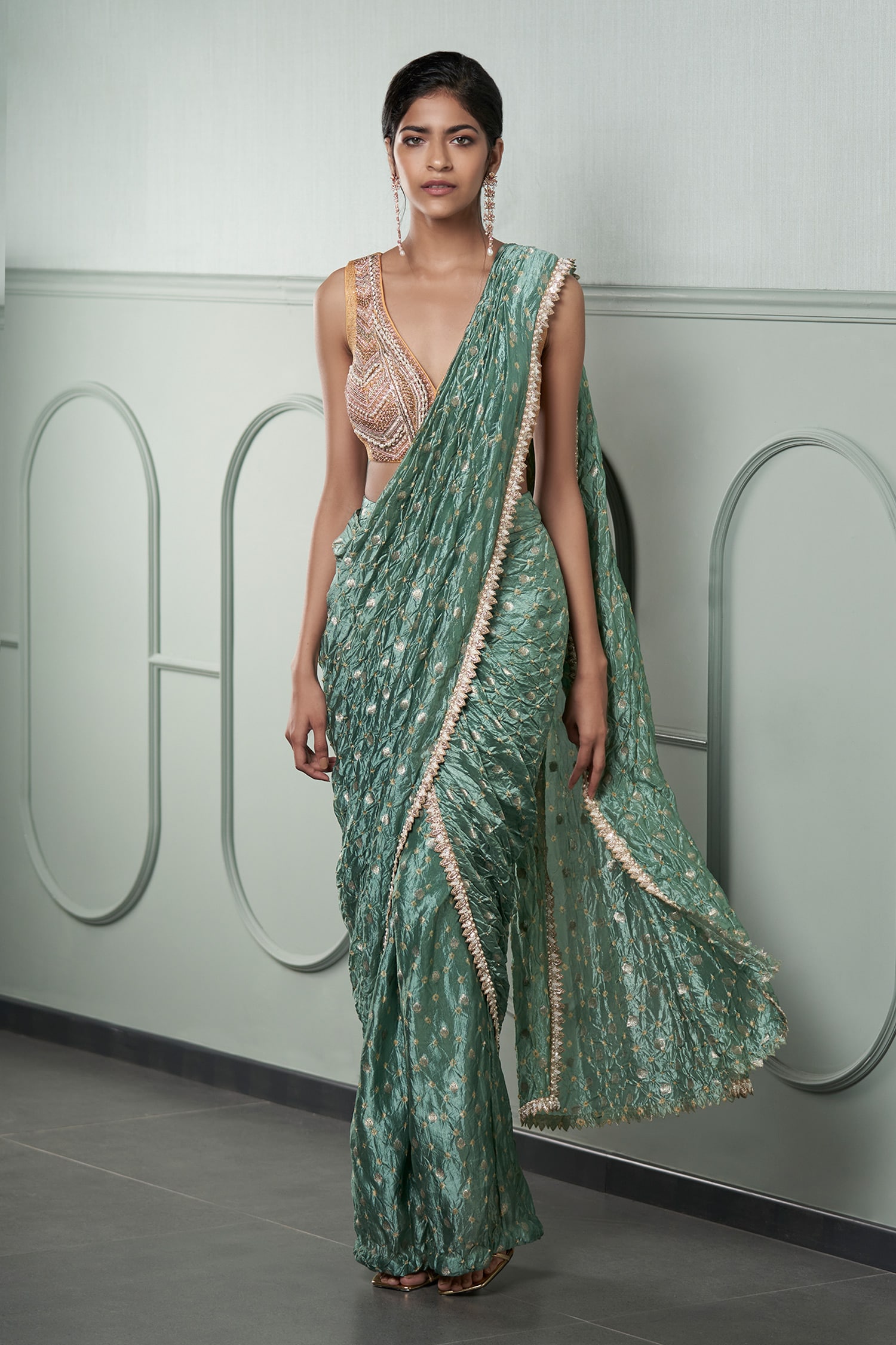 saree with feather trim