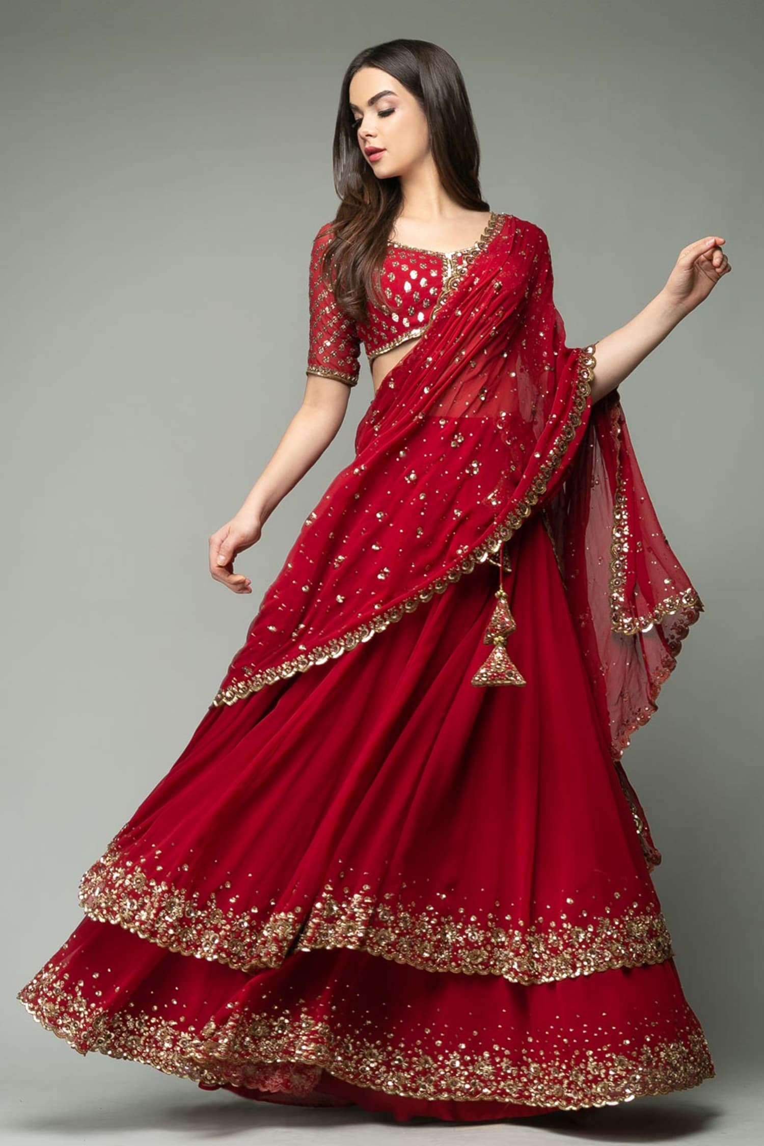 CHARMING Red Sequins Embroidered Art Silk Semi Stitched bridal lehenga with  double dupatta - MEGHALYA - 3053207