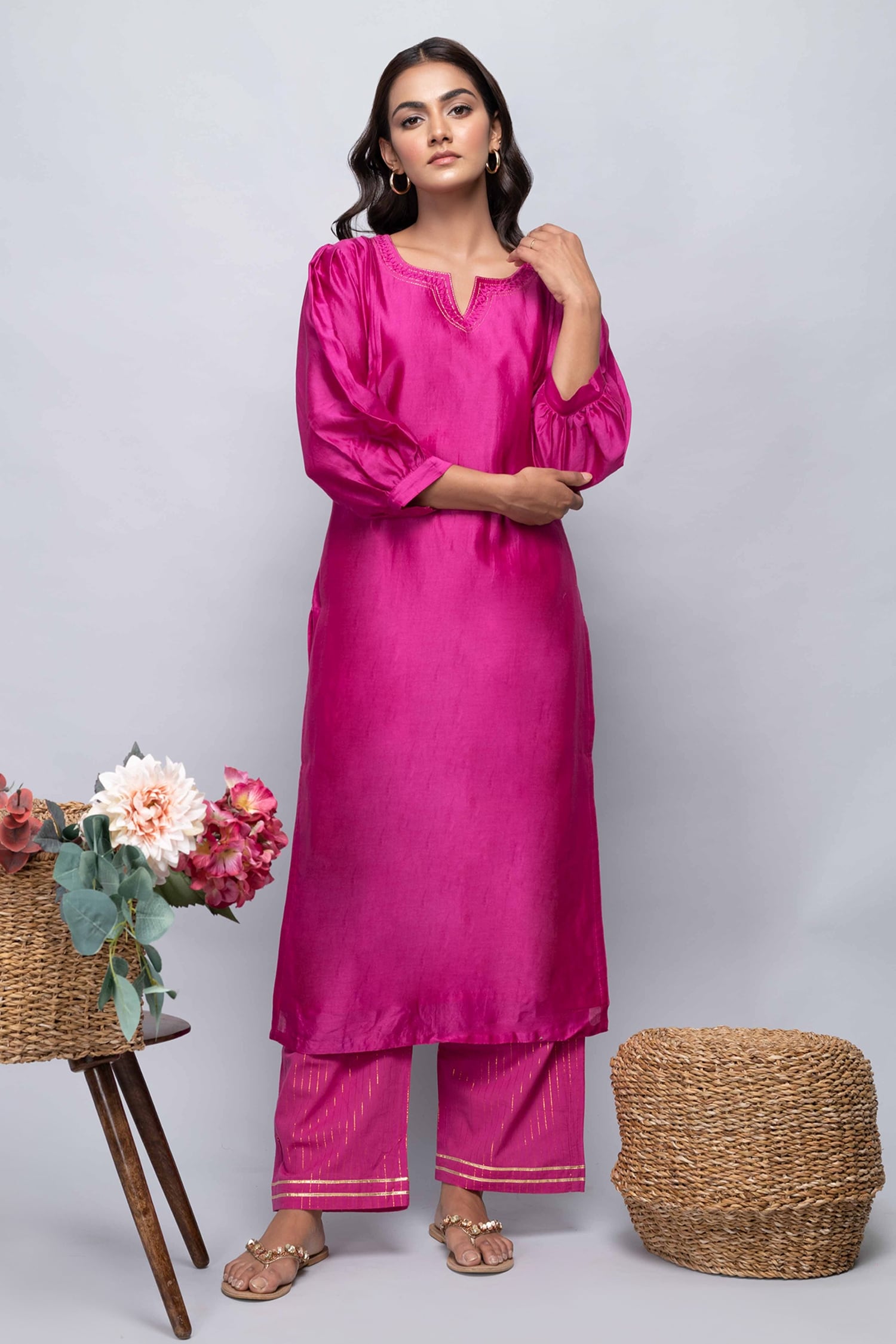 Buy Kalakaari By Sagarika Pink Chanderi Silk Puffed Sleeve Kurta And Pant Set Online Aza Fashions