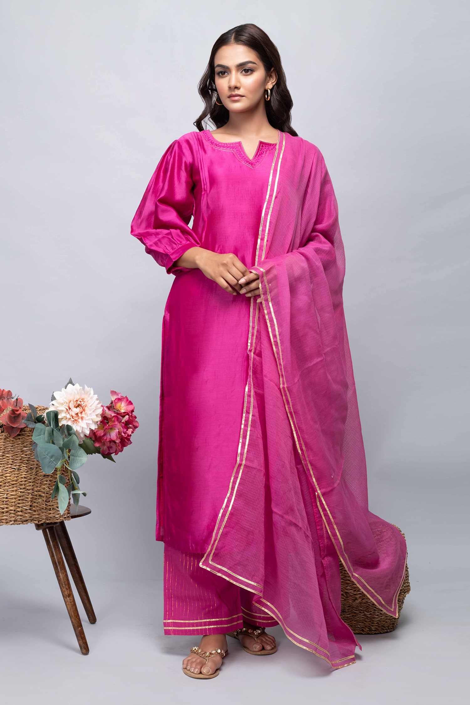 Buy Kalakaari By Sagarika Pink Cotton Puffed Sleeve Kurta Set Online