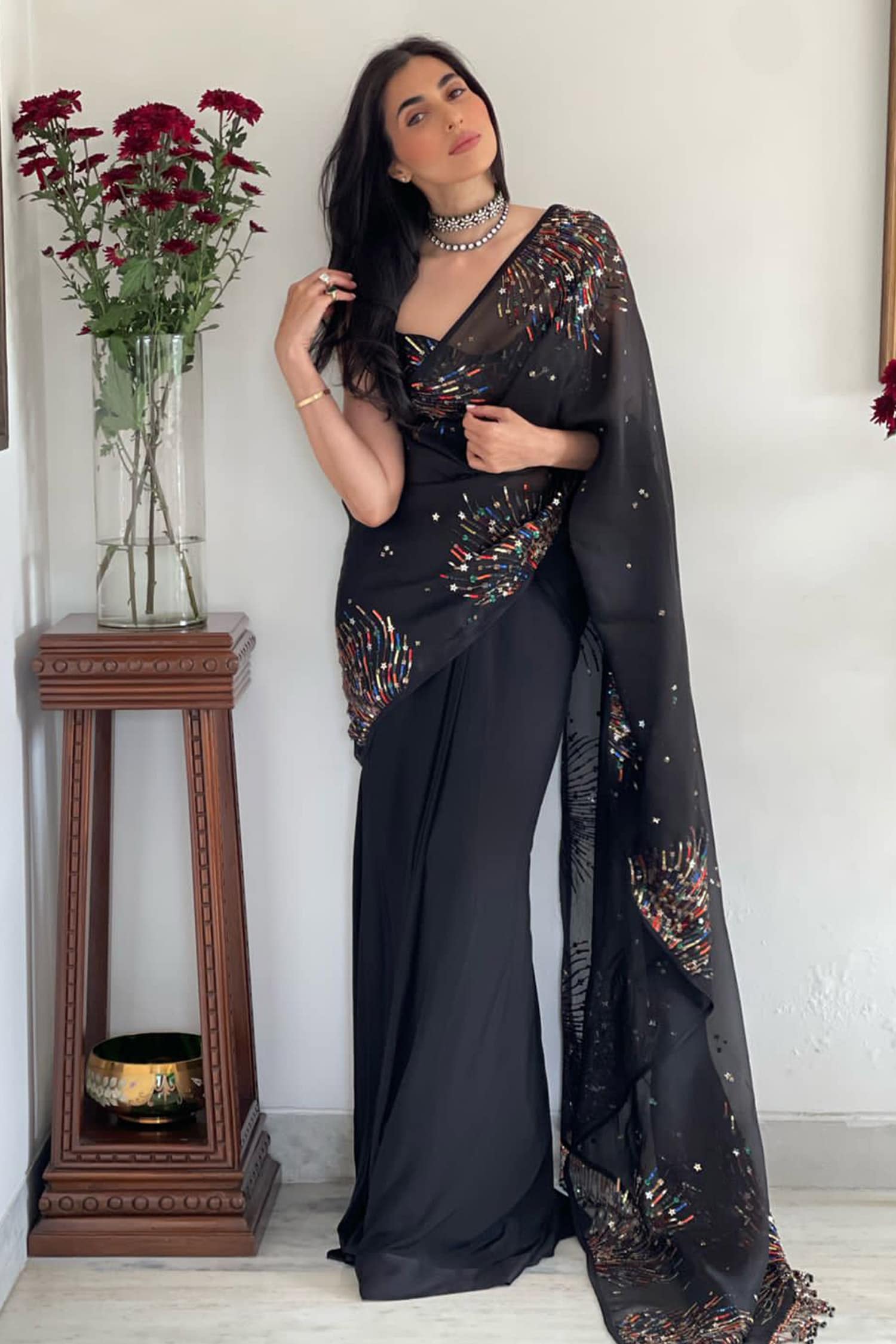 Buy Anjali Kanwar Black Pure Georgette Embroidered Pre-draped Saree ...