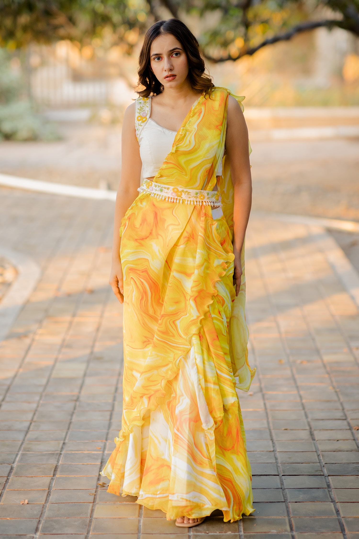 Saksham & Neharicka | Yellow Dharaa Embroidered Saree With Unstitched Blouse  | INDIASPOPUP.COM