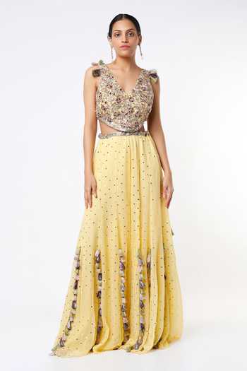 Mint Embroidered Georgette Choli With Heavy Mukaish Georgette Dhoti Saree.