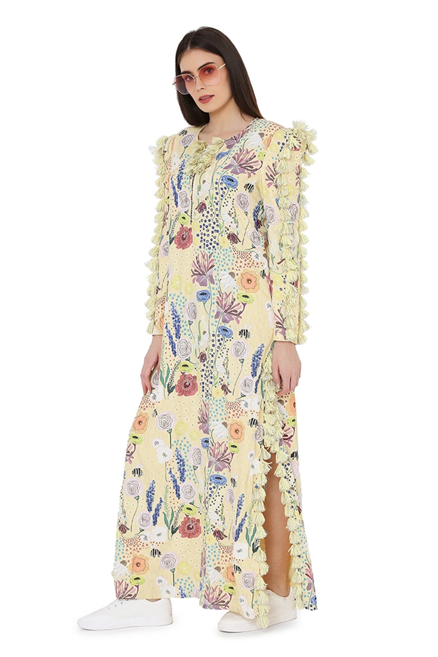 Buy PS Pret by Payal Singhal Yellow Art Crepe Tassel Embellished Dress Online Aza Fashions