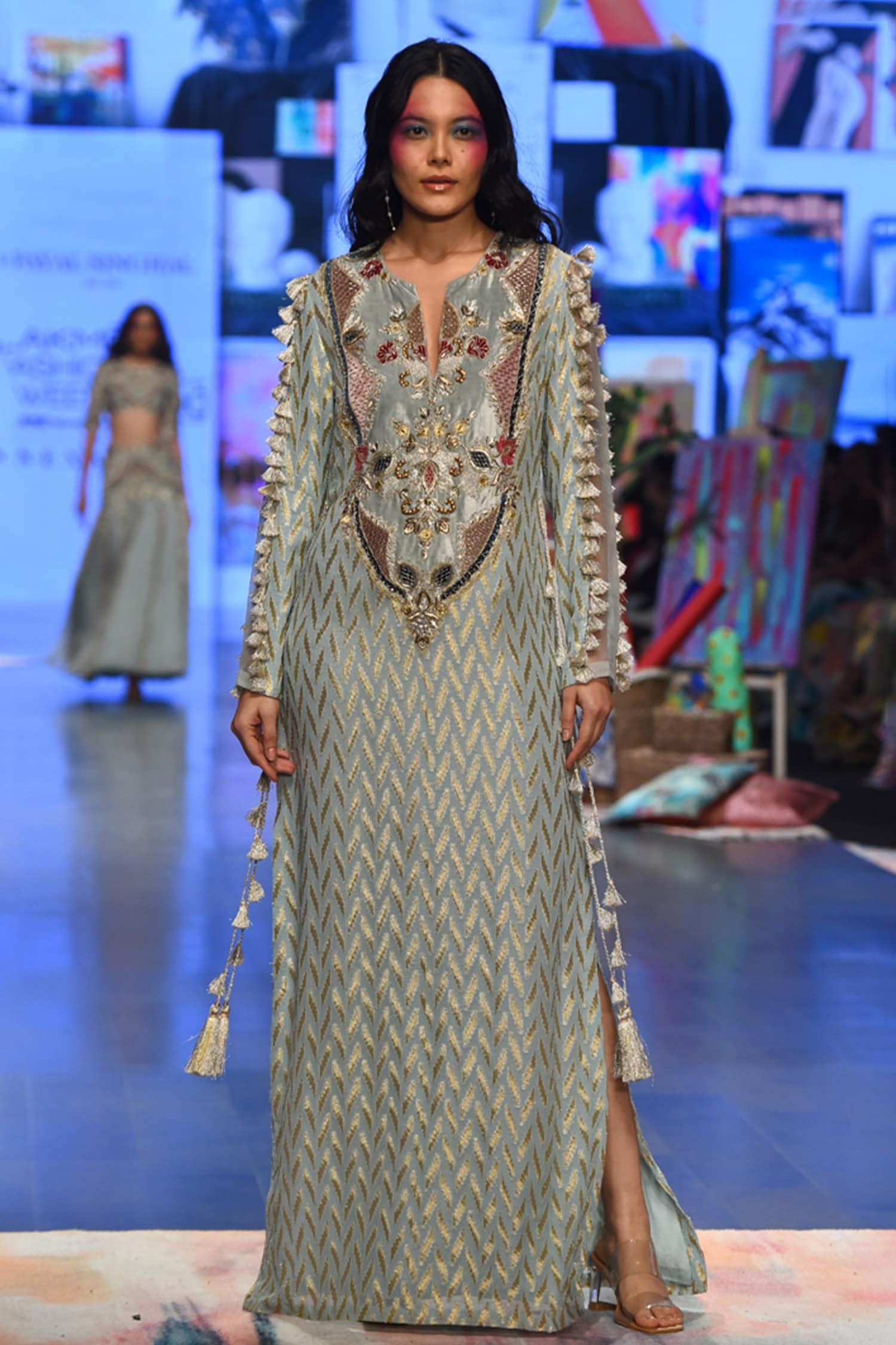 Buy Blue Georgette Woven Ikkat Notched Miraya Kaftan For Women by Payal ...