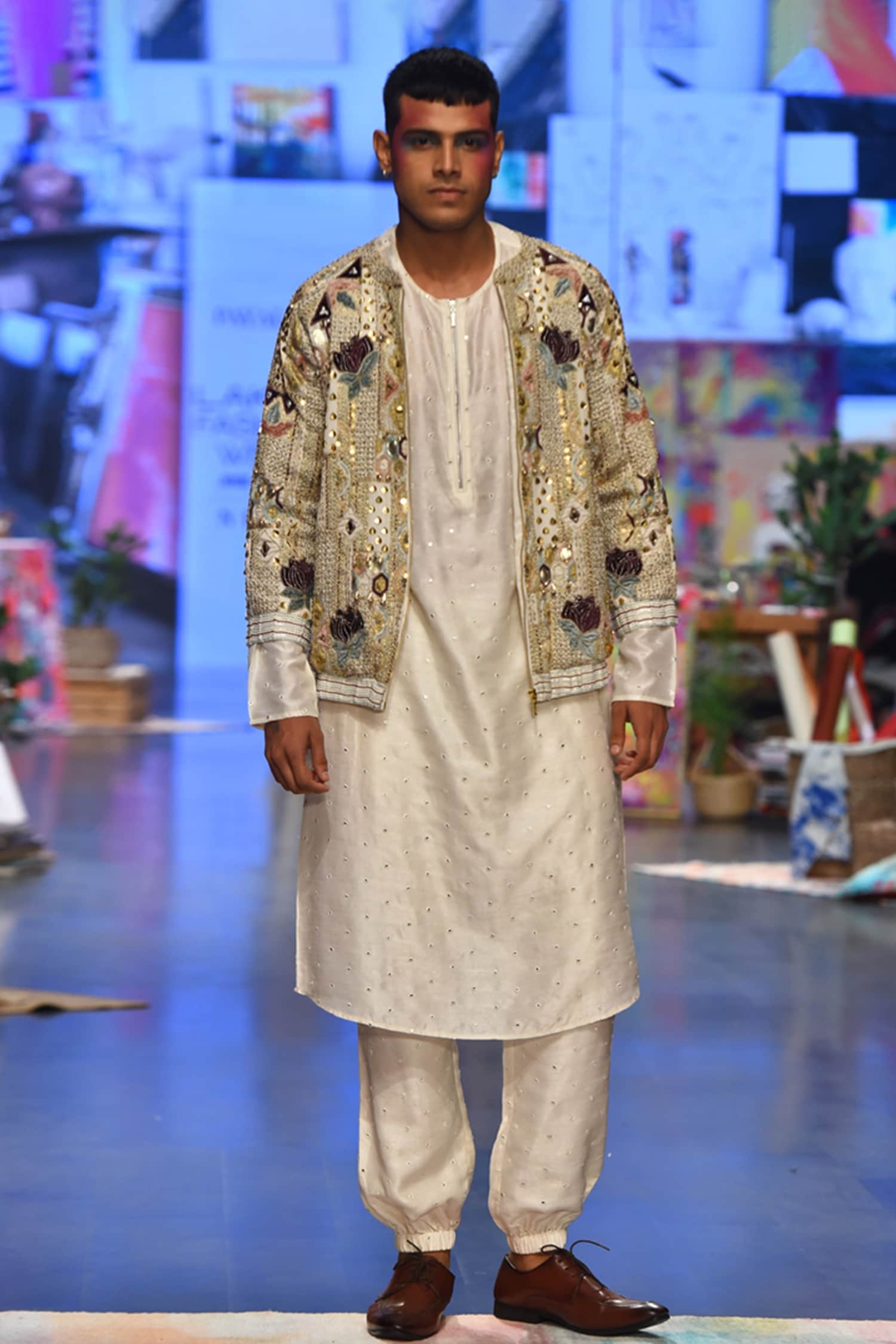 PS Men by Payal Singhal Off White Georgette Embroidery Lotus Raj Jacket And Kurta Set For Men