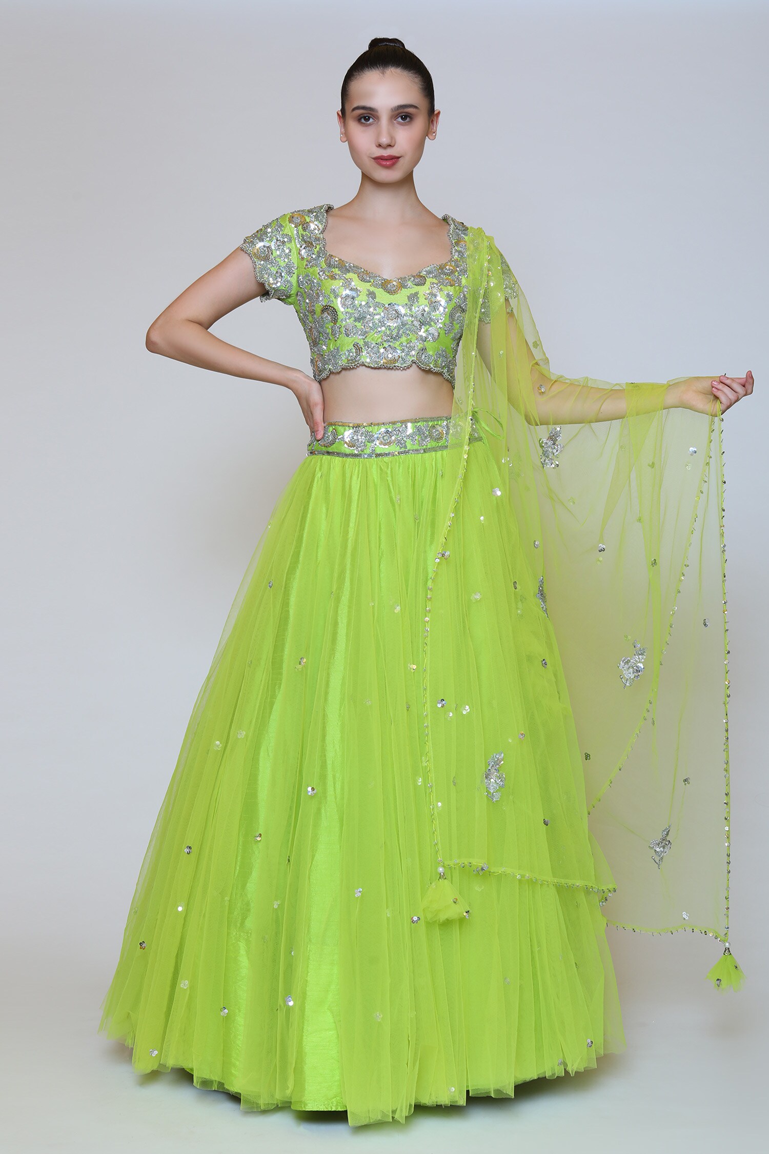 Light-parrot-green sequins net semi stitched lehenga - Lilots - 3297841