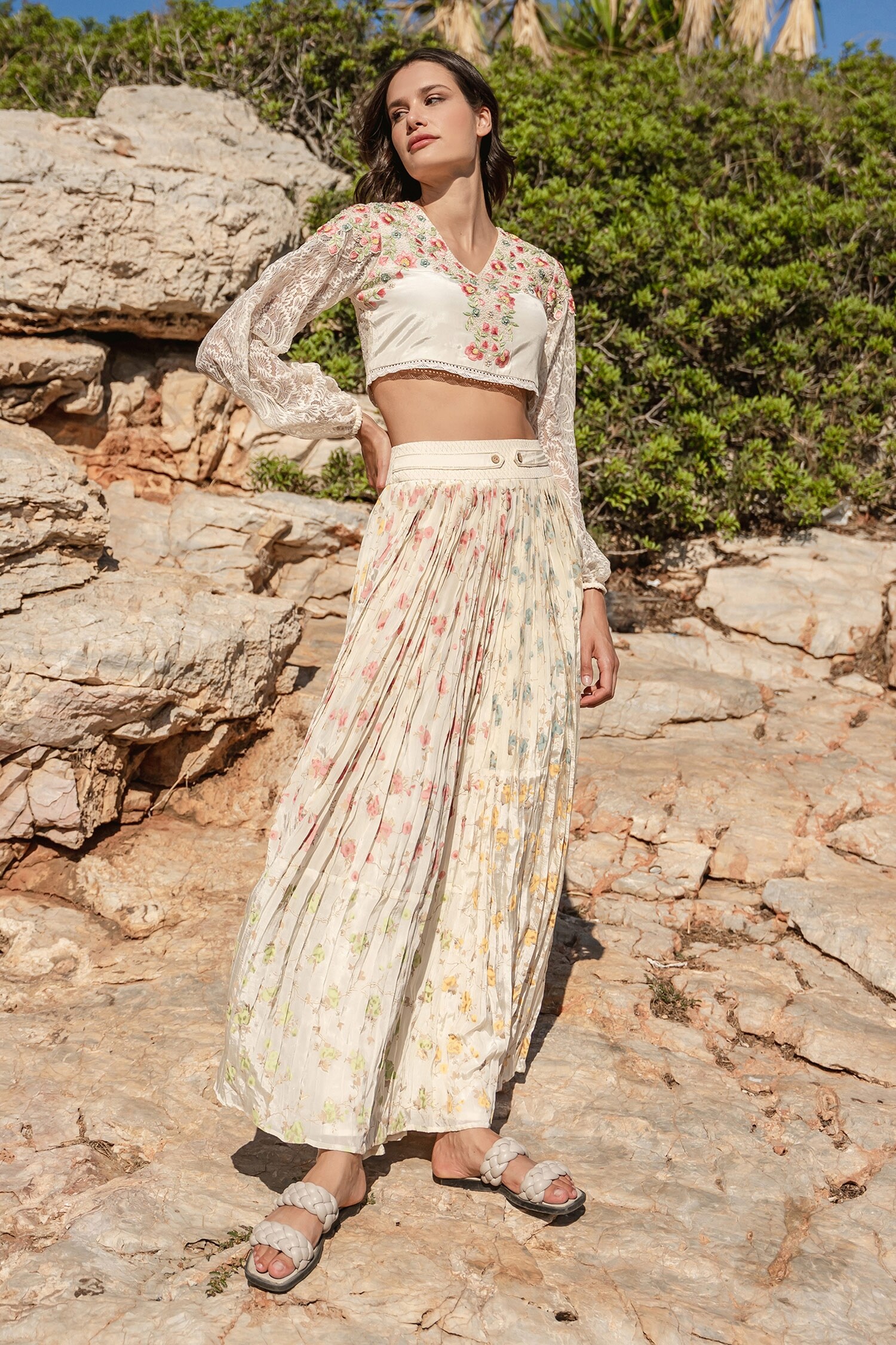 Buy Beige Silk Mulmul And Net Printed Floral Multi Panel Skirt Top Set For Women By Shruti