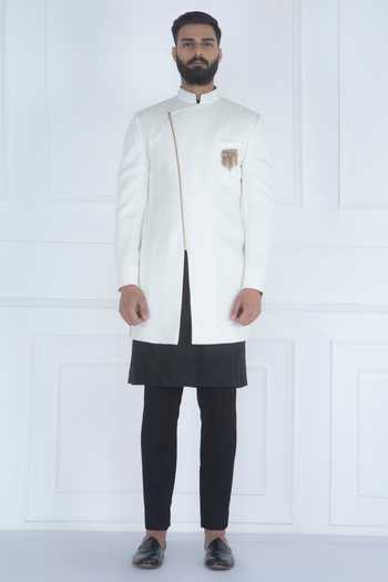 Buy Qbik Black Wool Silk Textured Sherwani Set Online | Aza Fashions