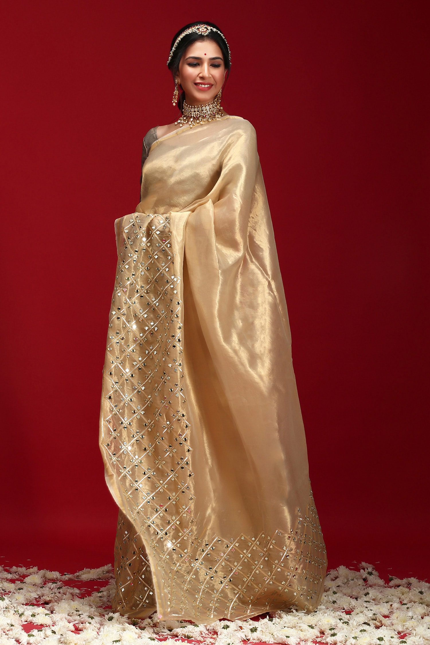 Buy Gold Tissue Mirror Embroidered Saree With Blouse For Women by Ruar