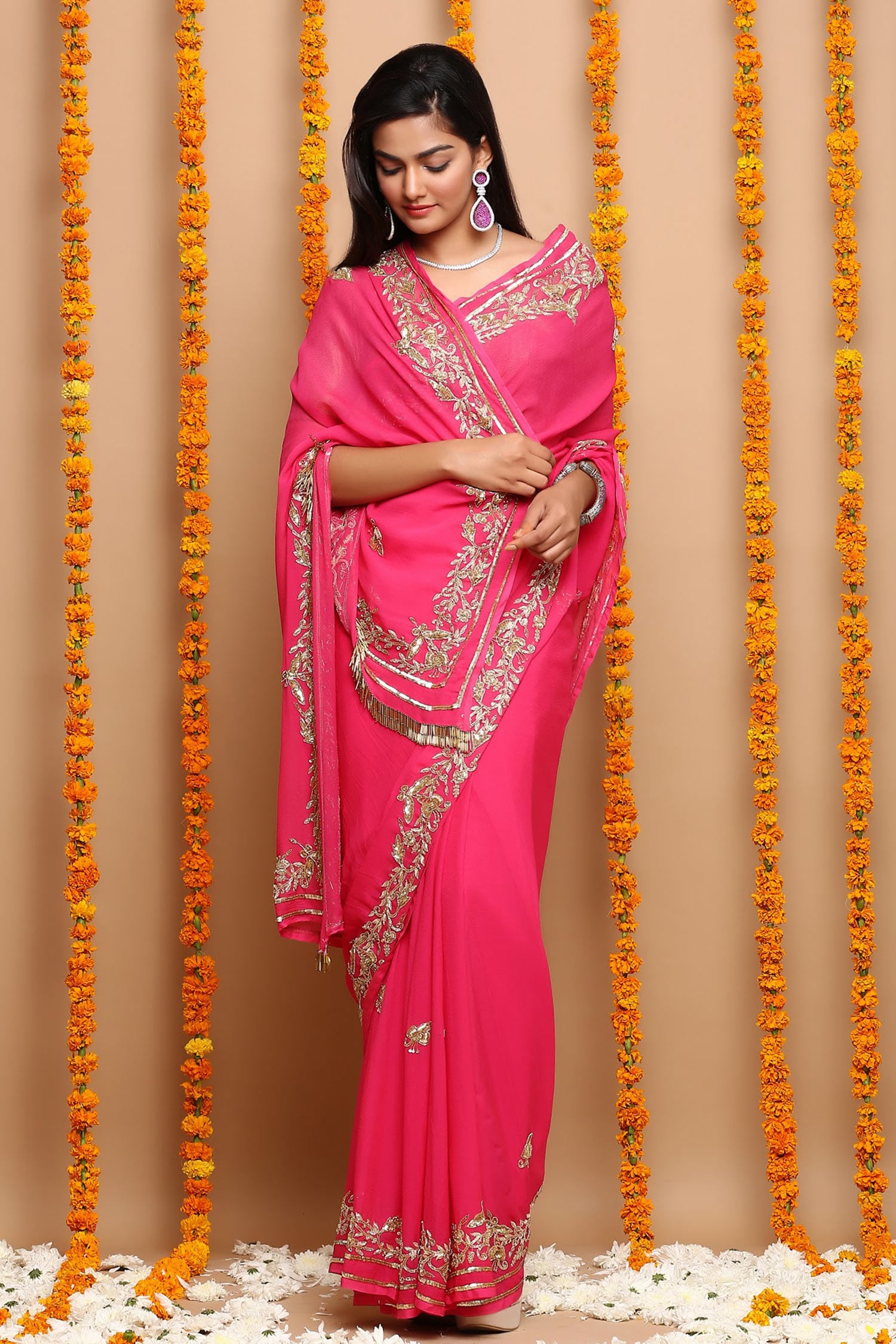 Baby Pink Contrast Blouse Plain Saree in Silk | Pink Silk Saree Online