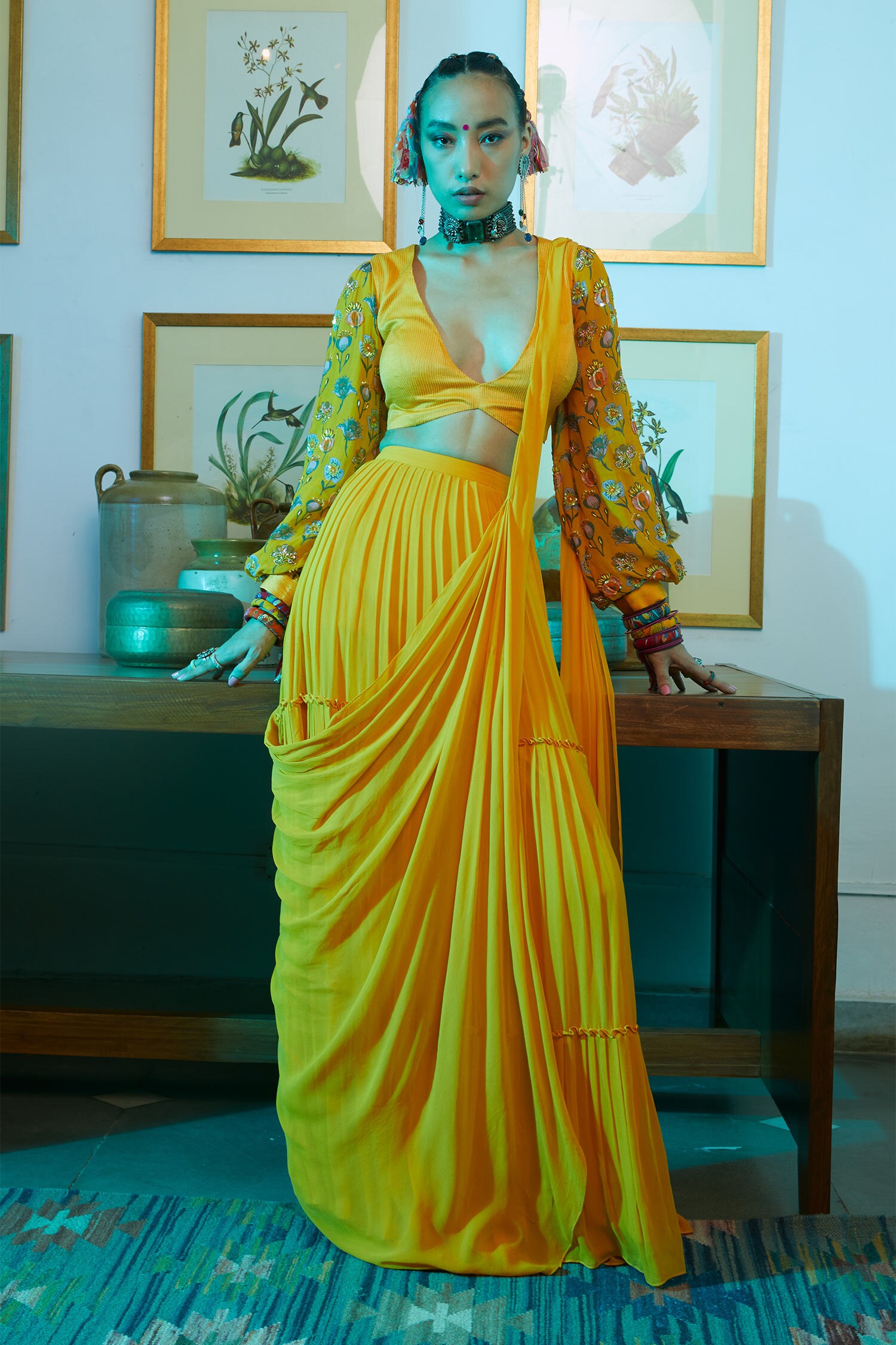 DiyaRajvvir Yellow Georgette Pre-draped Skirt Saree With Blouse