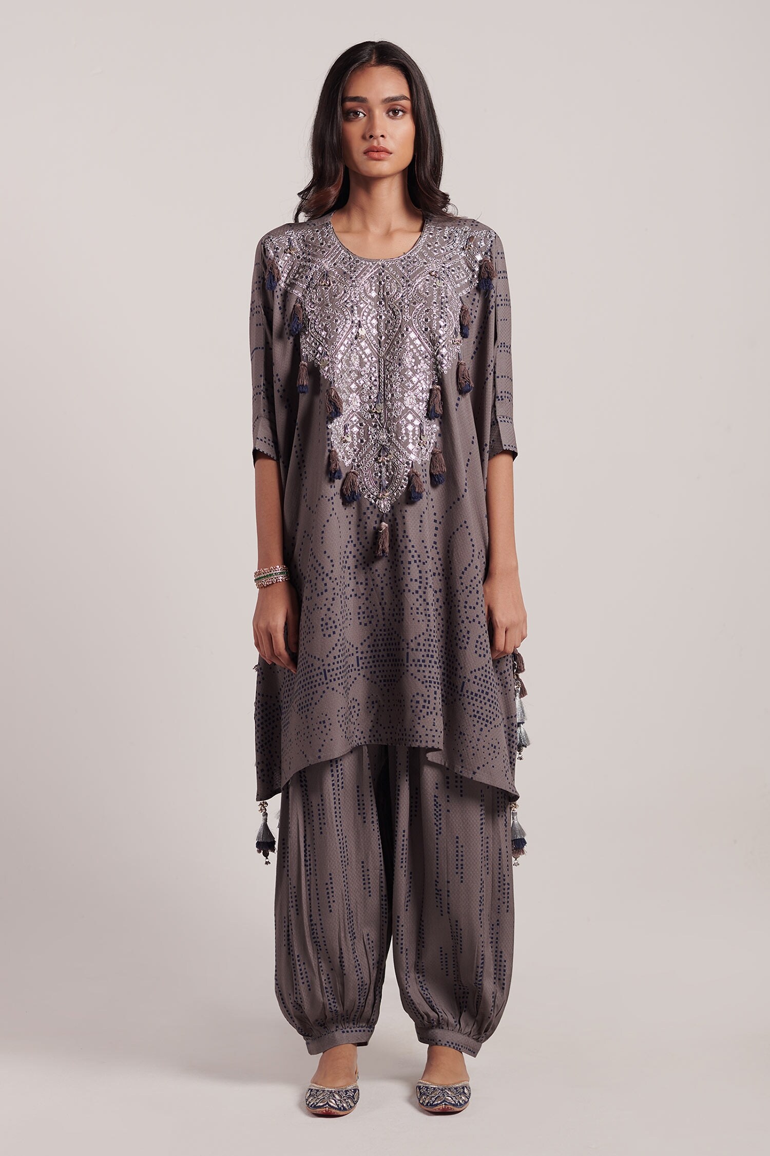 Buy Blue Rayon Flex Embroidered Floral Round Top And Bell Bottom Pant Set  For Women by Inej Online at Aza Fashions.
