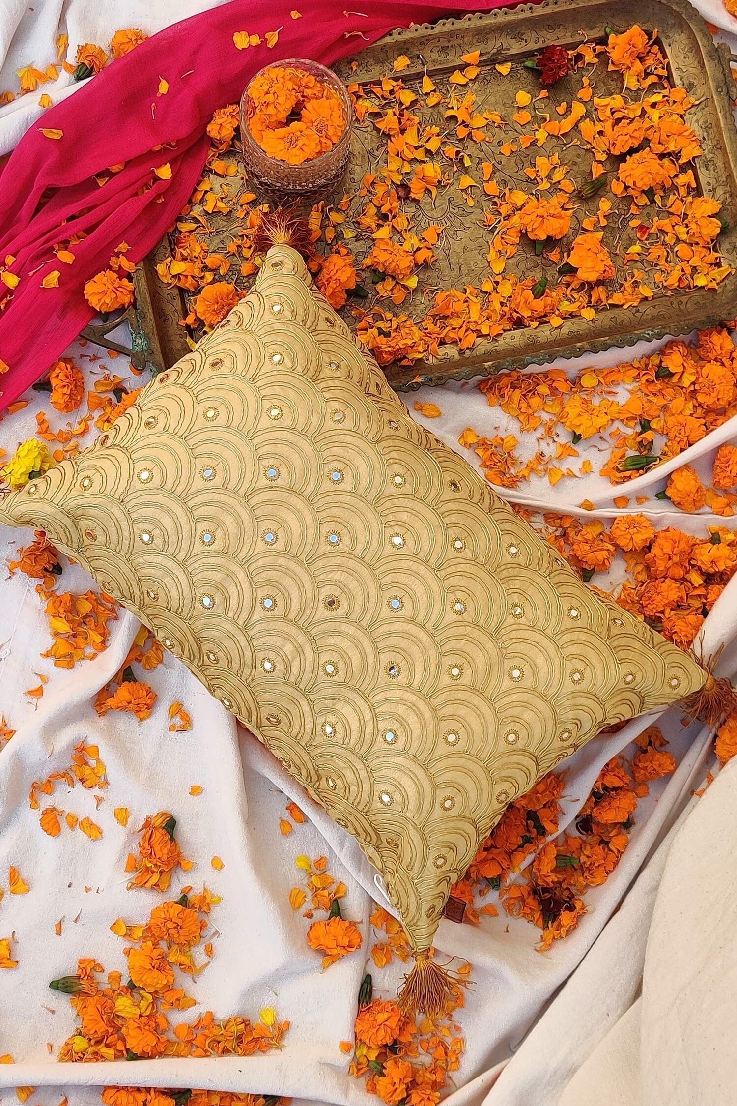 Buy Beige Cotton Polyester Blend Embroidery Mirror Work Cushion Cover