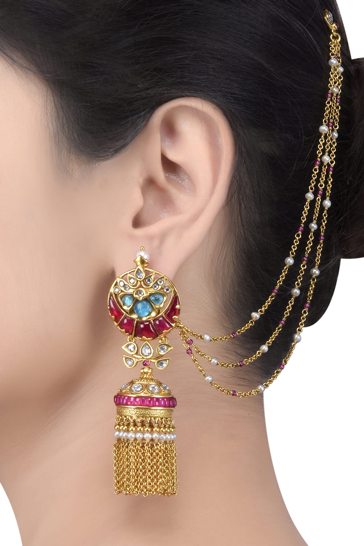 Gold Plated Kundan Jhumka Earrings with Hair Chain  Kundan Earrings   Indian Jhumka Earrings  Indian Jewelry  JewelryWith 1 free gift