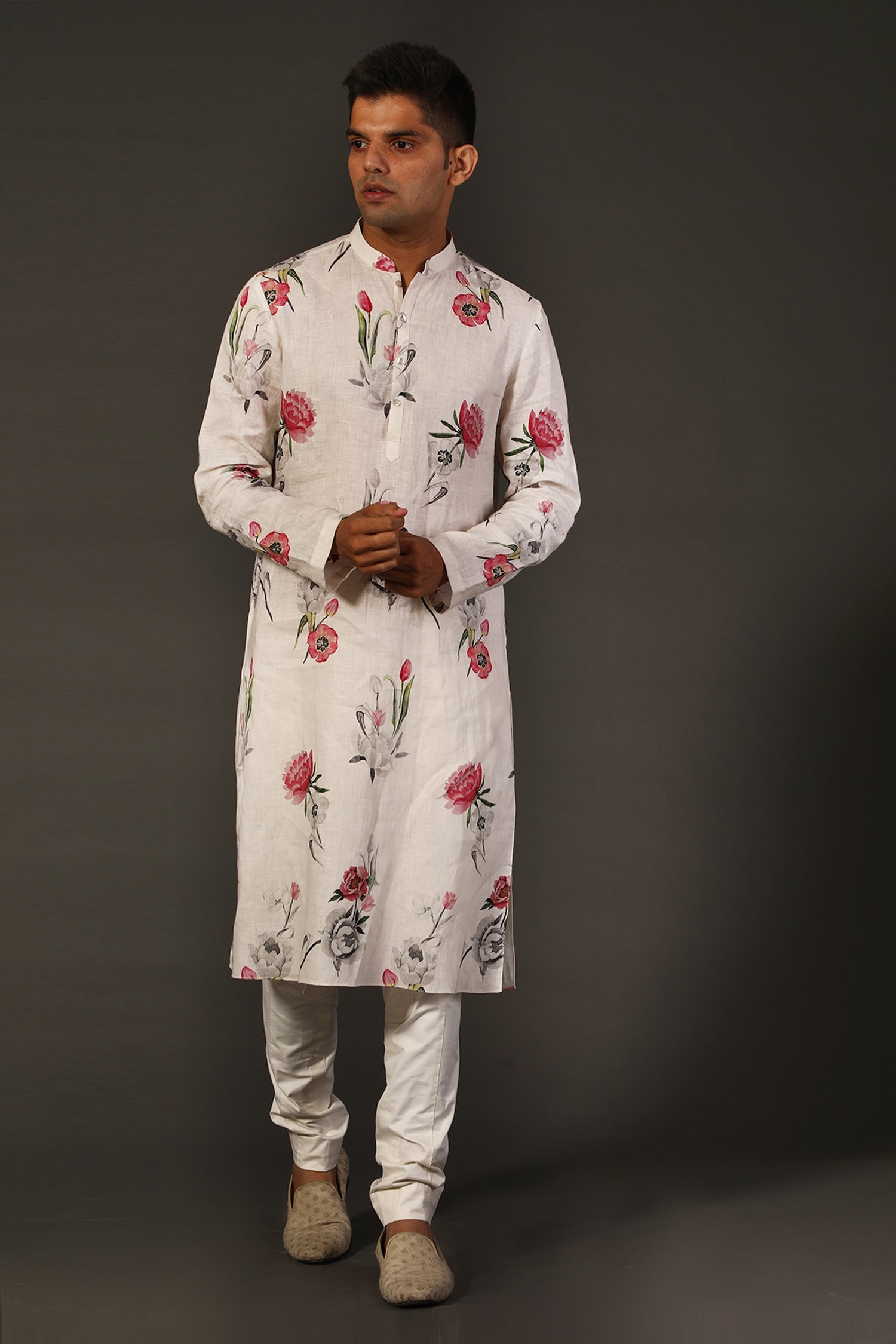 Buy White Linen Embroidered Floral Print Kurta Set For Men by Rohit Bal ...