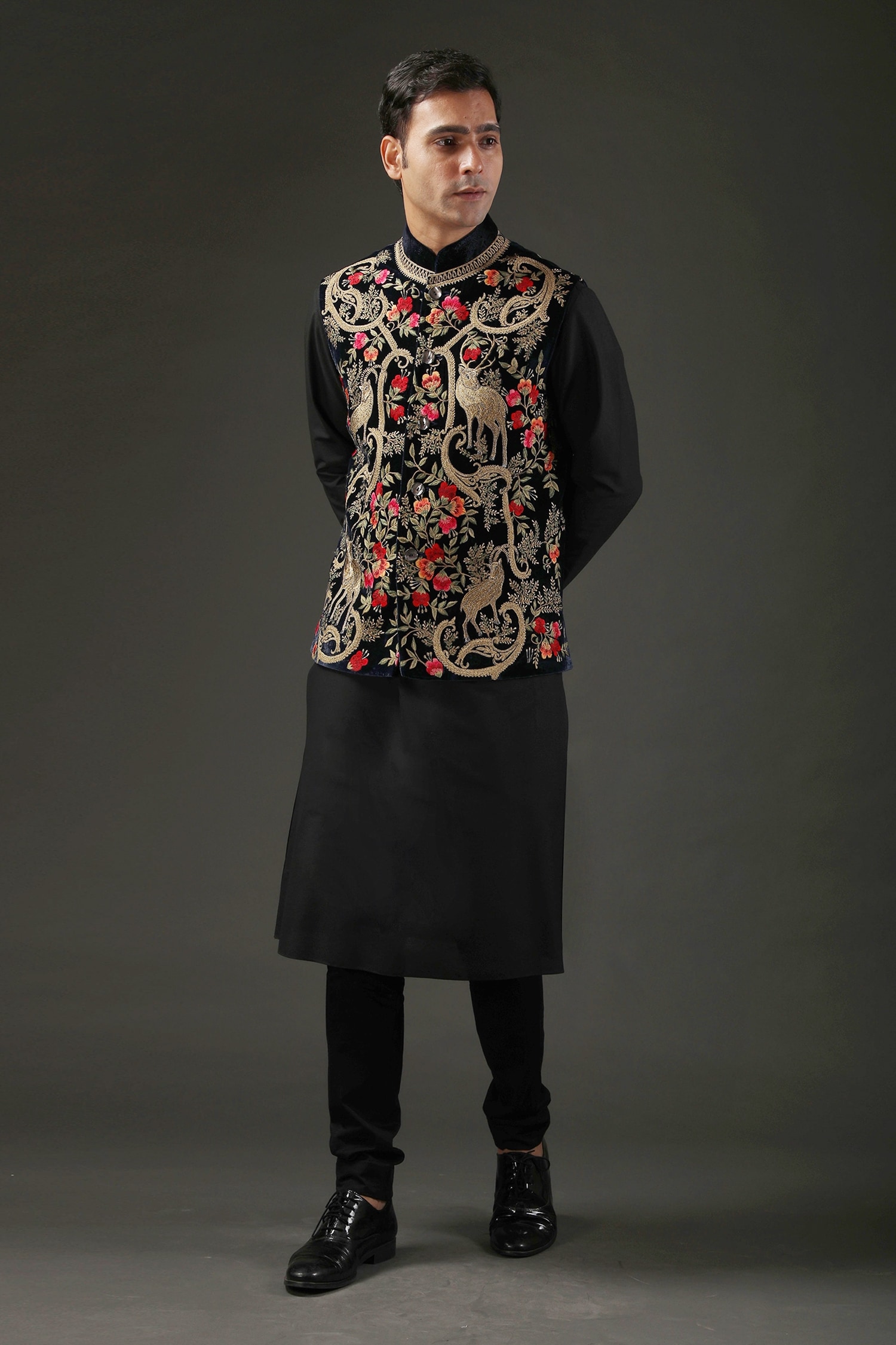 Buy Black Silk Velvet Embroidered Zari Nehru Jacket For Men by Rohit Bal Online at Aza Fashions.