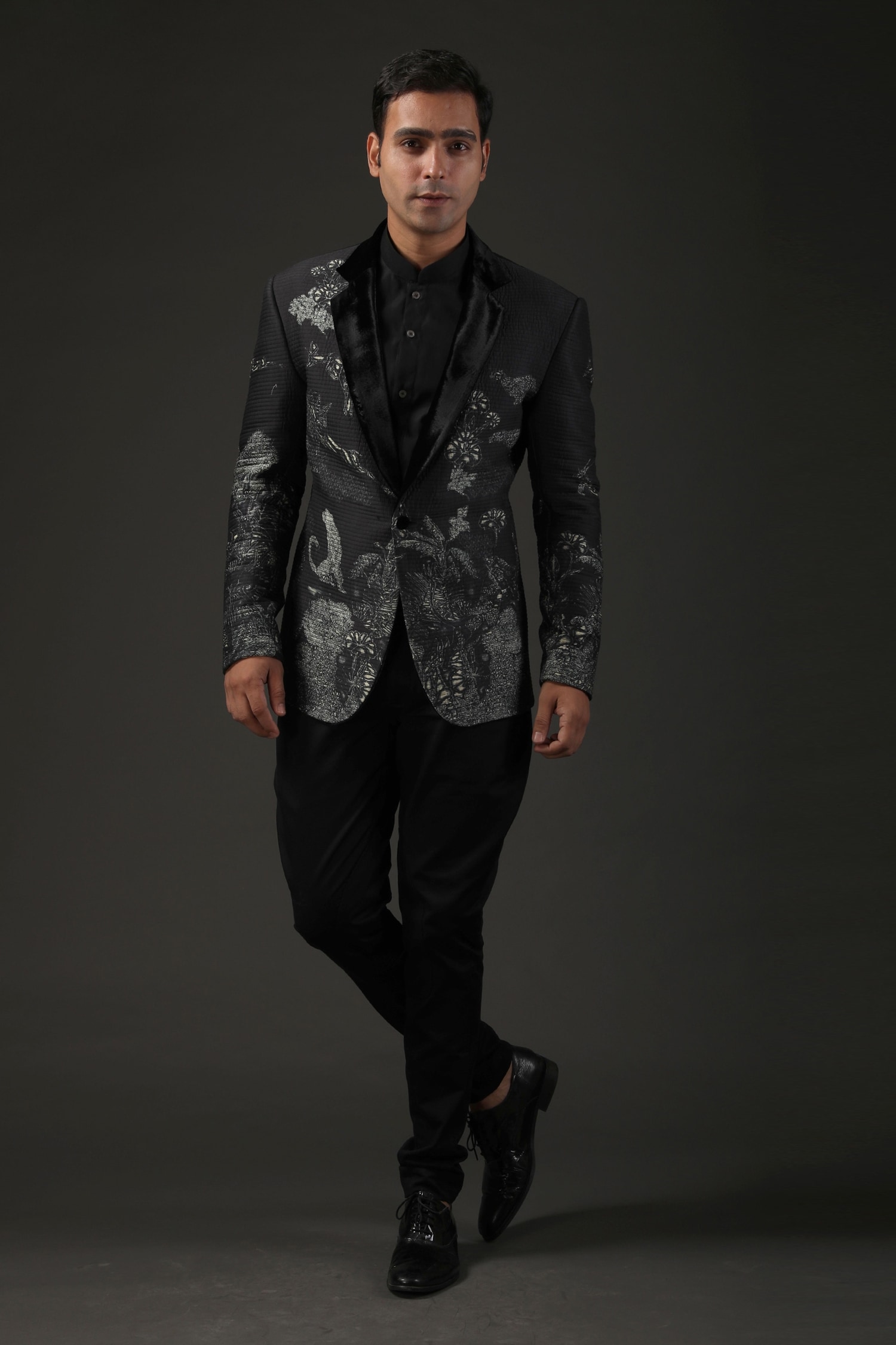 Buy Black Chanderi Silk Printed Shibori Quilted Tuxedo For Men by Rohit ...