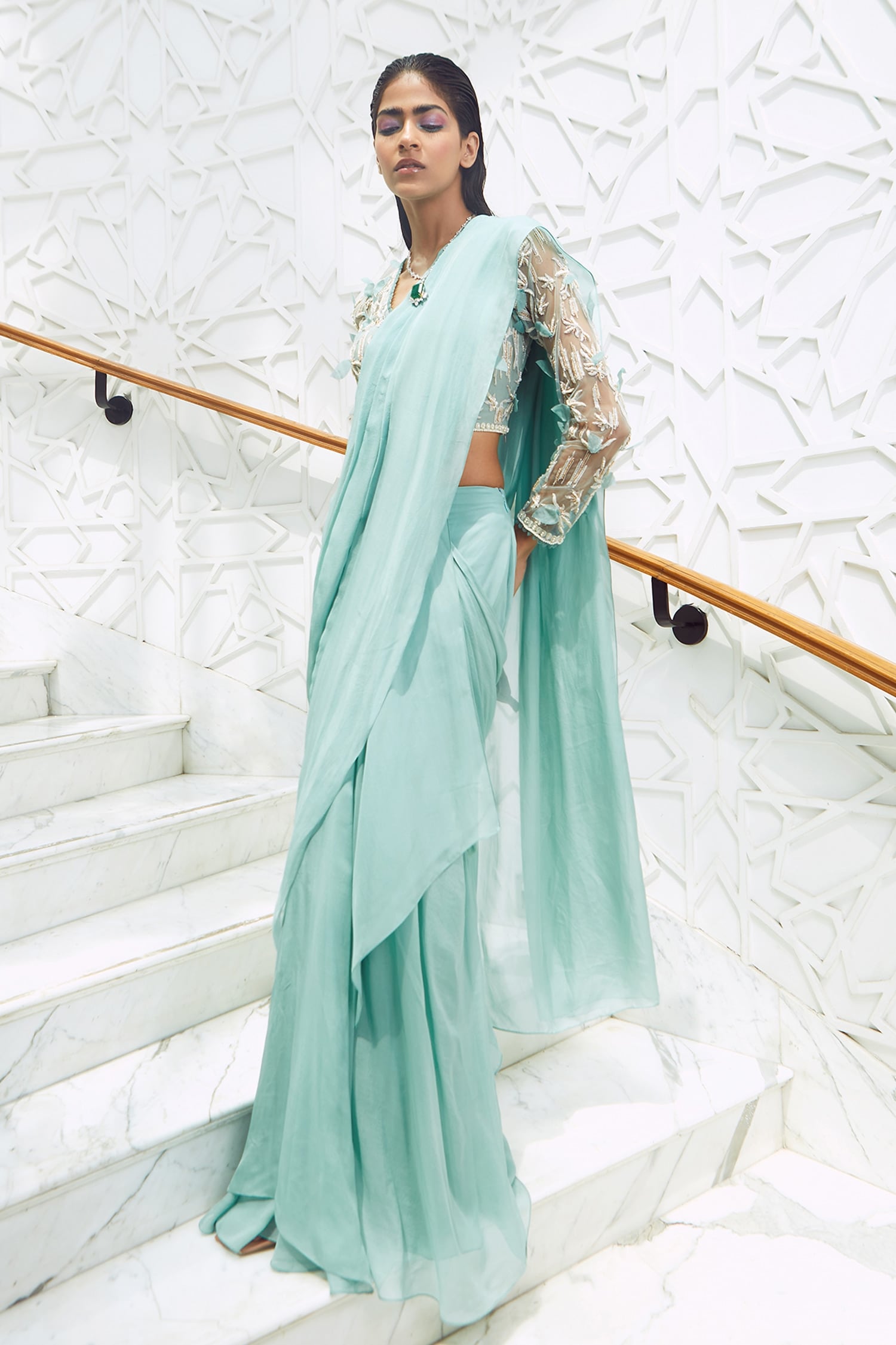 Buy Ridhima Bhasin Blue Chiffon Pearl Work Blouse And Pre-draped Saree ...
