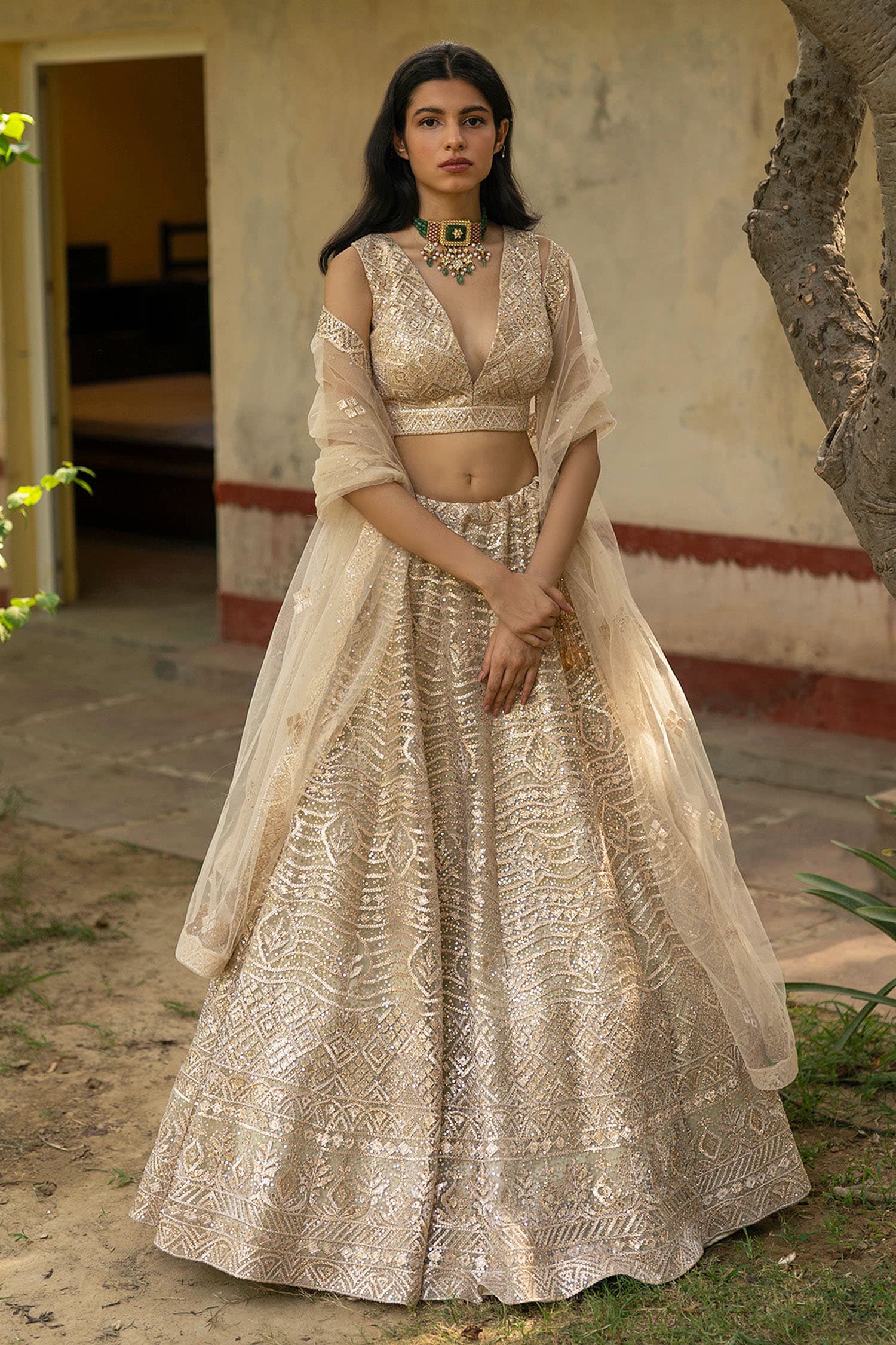 Buy Gold Tissue Embroidered Hand Panelled Bridal Lehenga And Blouse Set For  Women by Jiya by Veer Design Studio Online at Aza Fashions.
