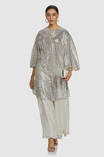 [Available] Metallic Grey & Gold Sleeveless Kurta With Palazzo